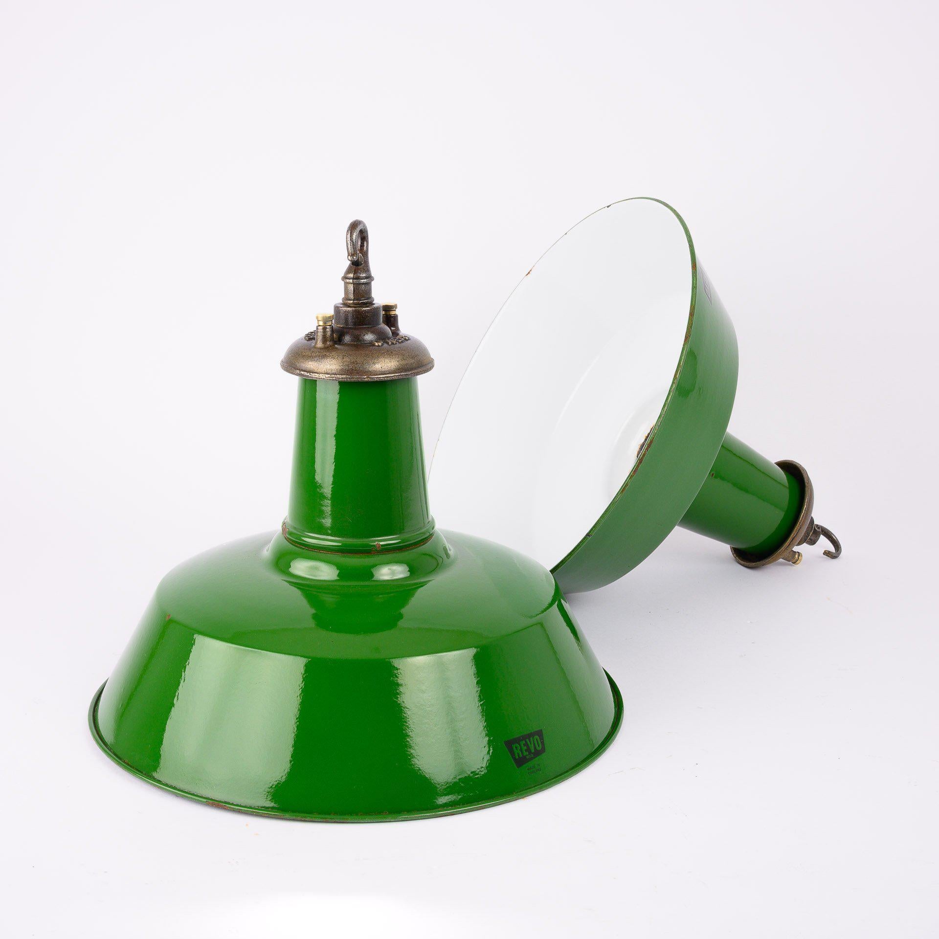 Original Industrial Green Enamel Factory Pendant Lights by Revo Tipton In Good Condition For Sale In Nottingham, GB