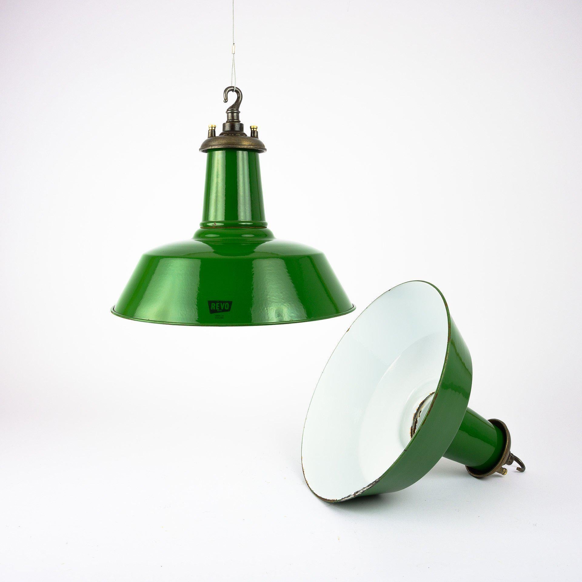 Mid-20th Century Original Industrial Green Enamel Factory Pendant Lights by Revo Tipton For Sale