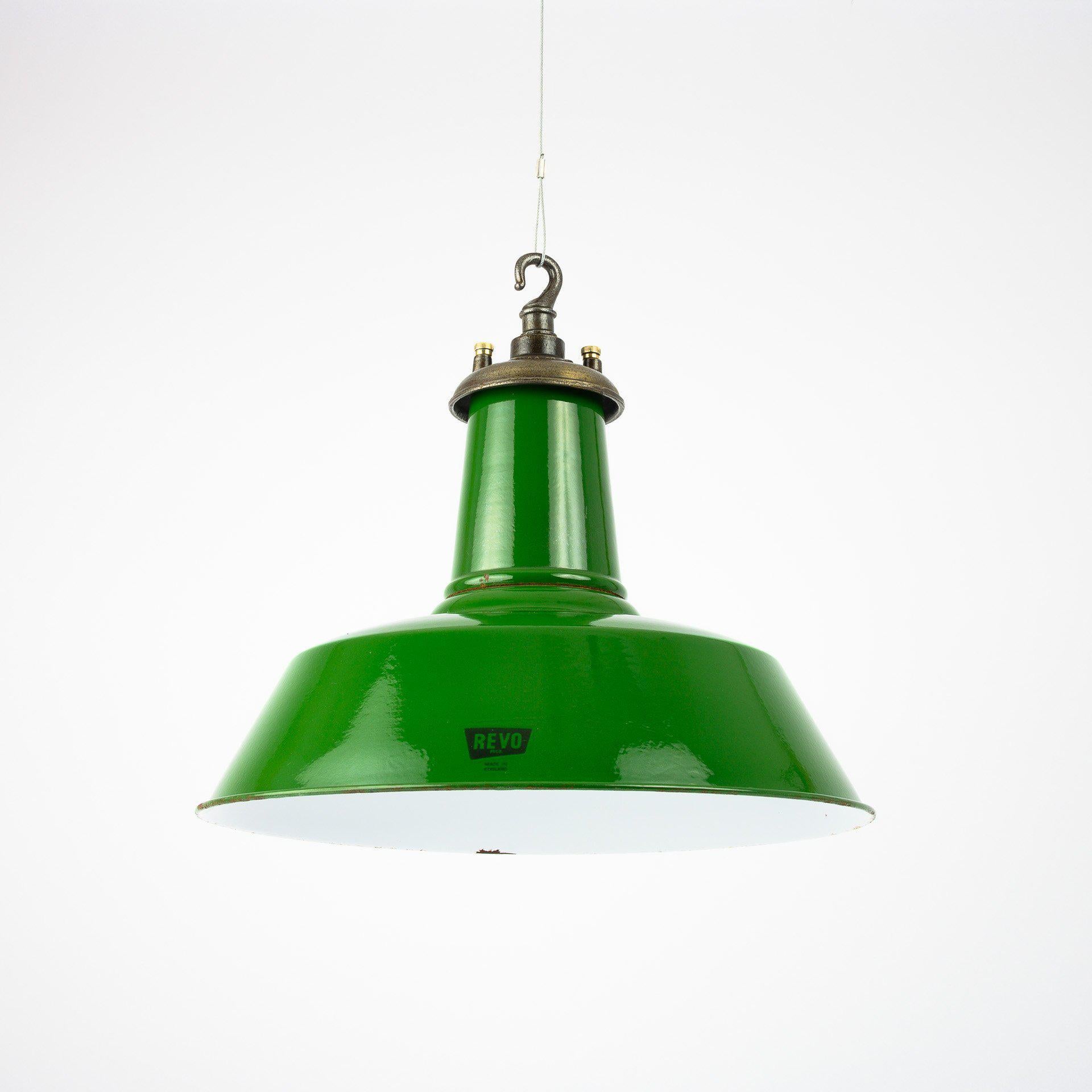 Original Industrial Green Enamel Factory Pendant Lights by Revo Tipton For Sale 1