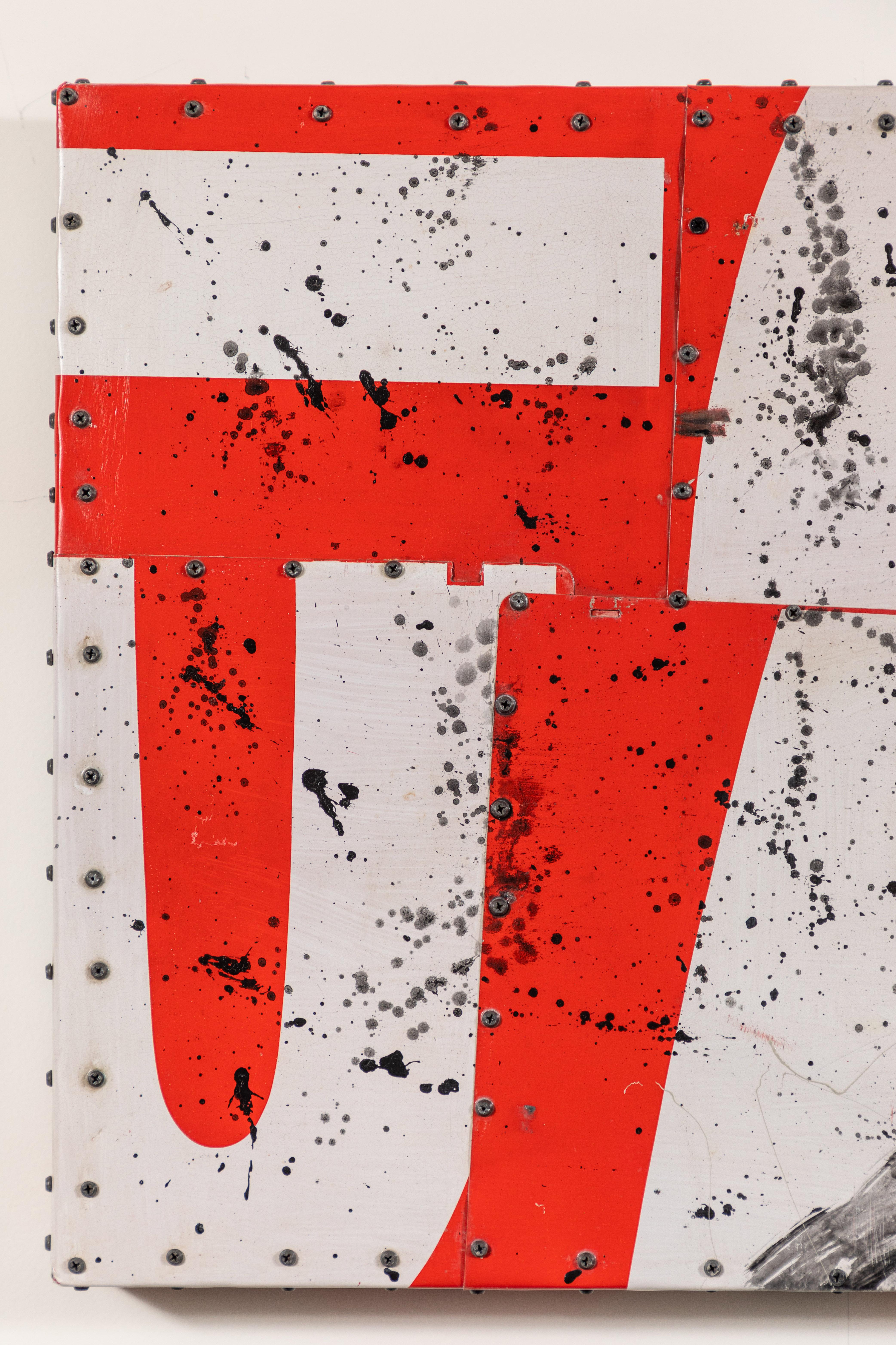 Original, highly decorative, industrial style abstract artwork done with pieced metal over wood in colors of red, white and black, 2000s. Unsigned.