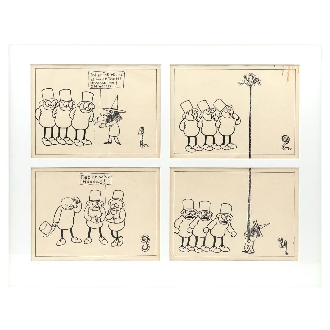 Disegno originale a inchiostro (4) di Storm P. - "I tre omini e l'ingannatore".