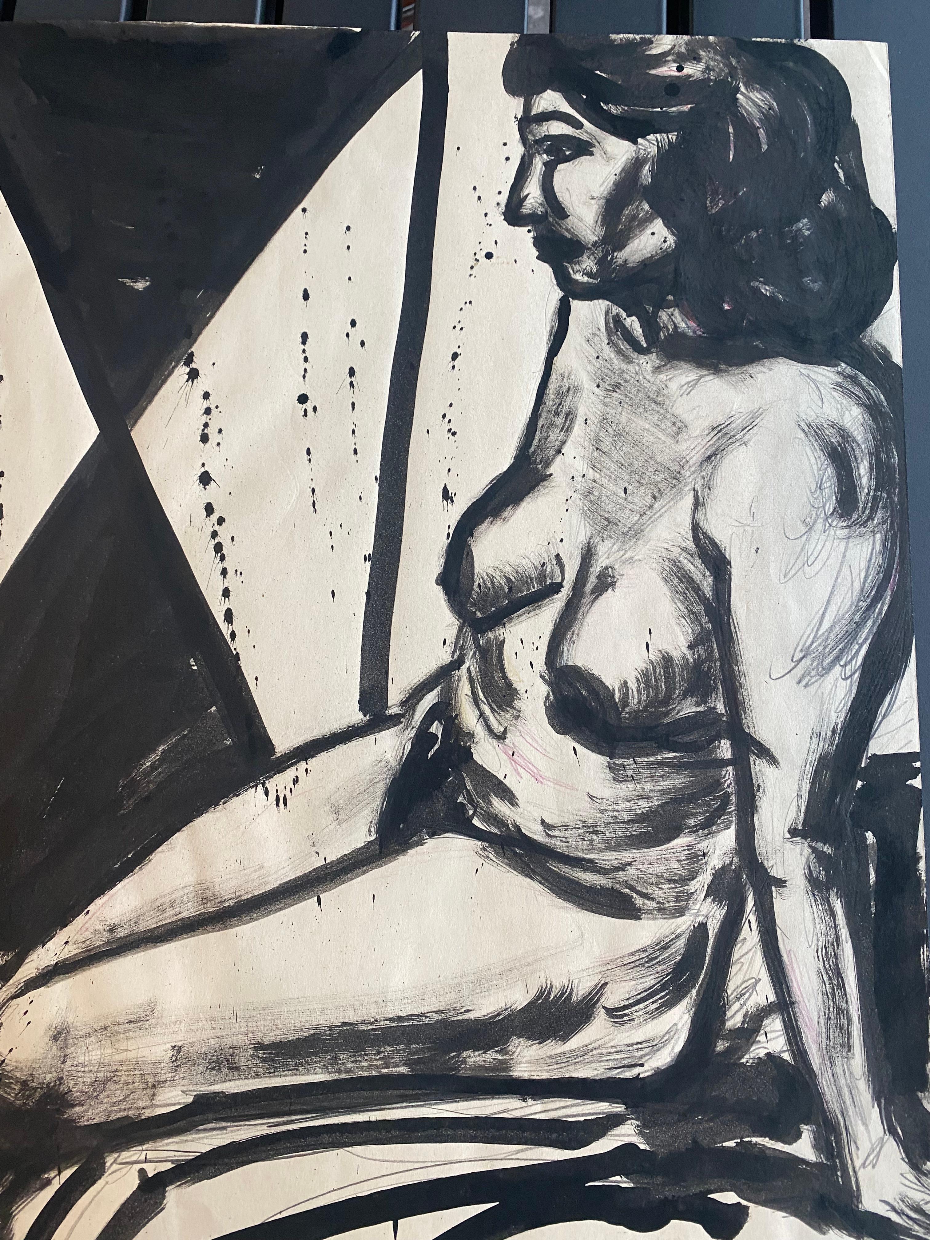 Original Ink Drawing by Hubertus Giebe, Female Nude In Good Condition For Sale In Hamburg, DE