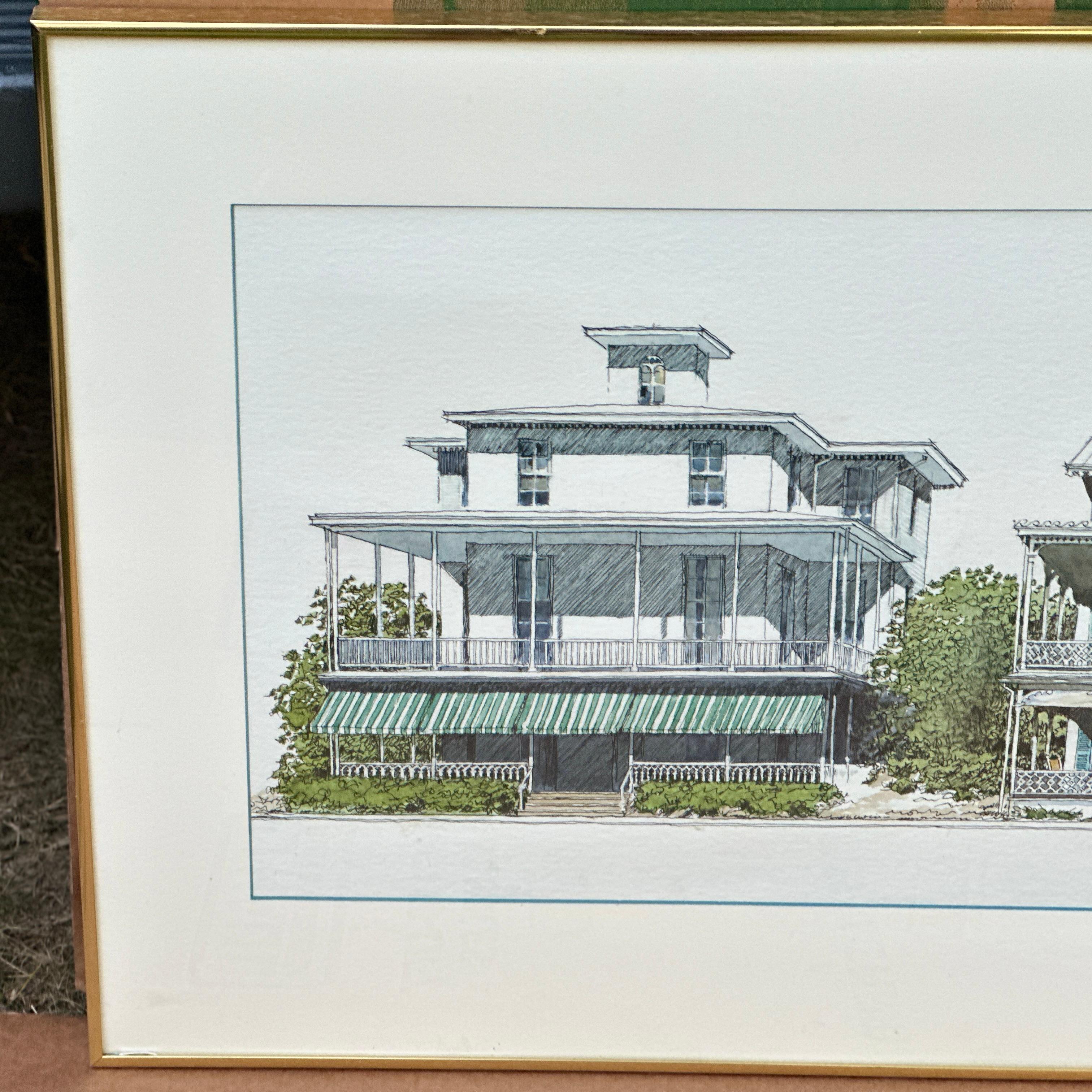 Americano Pittura architettonica originale ad inchiostro e acquerello di Louis De Moll in vendita