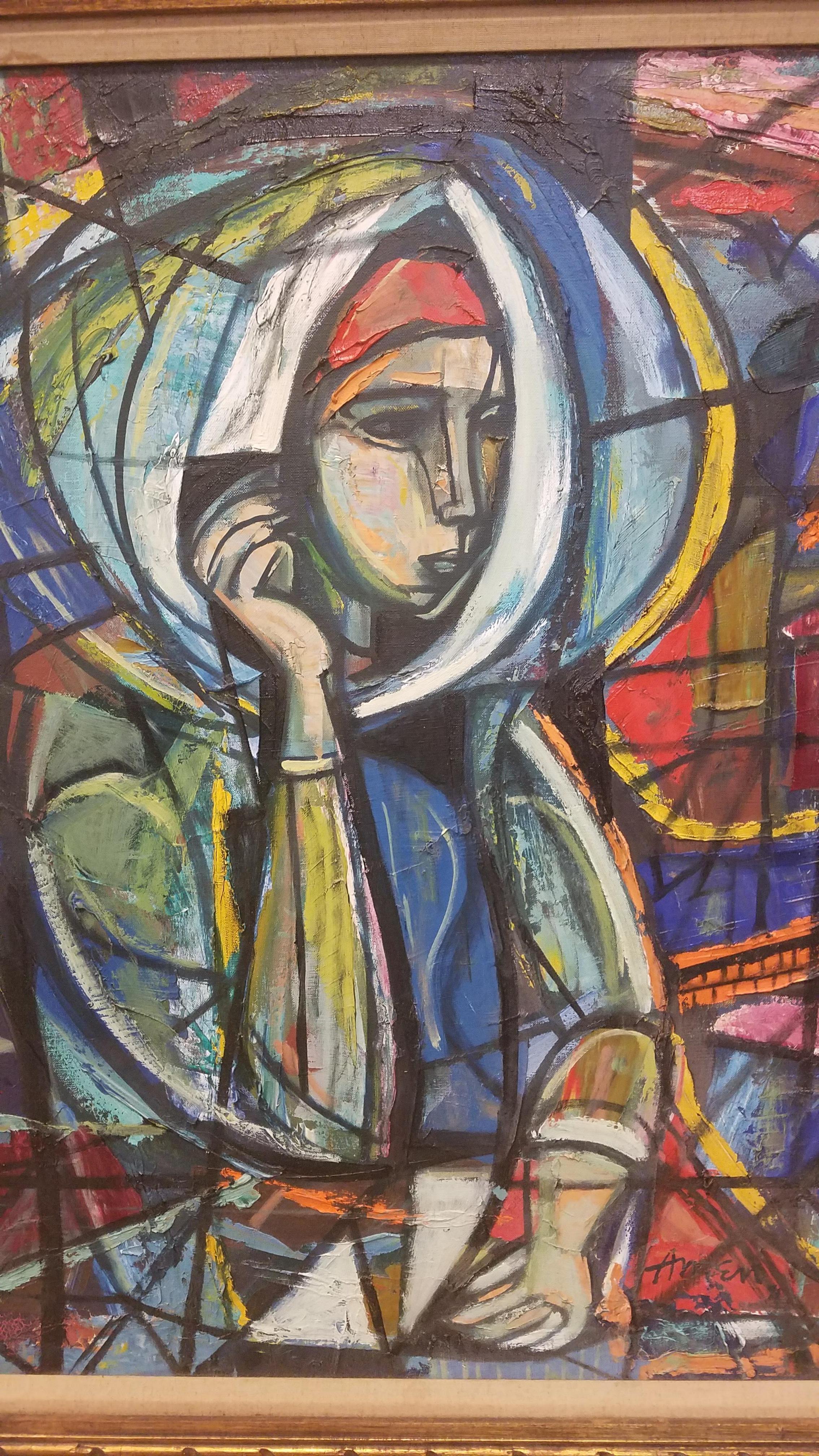 Original Irving Amen oil painting. The artist is an American painter born in 1918 in New York NY. He died 2011. You can see his address is stamped on the back of the frame. The oil depicts the Madonna is beautiful bright contemporary colors that