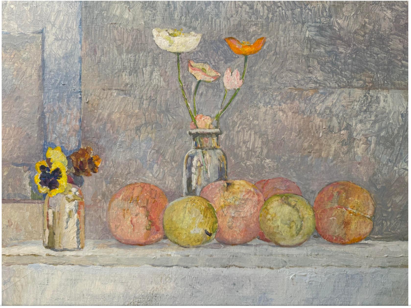 Original Irving Block, Ölgemälde auf Leinwand Pfirsichen, Mohnblumen, Stiefmütterchen, Stiefmütterchen (Ende des 20. Jahrhunderts) im Angebot