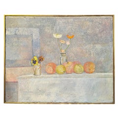 Peinture à l'huile originale d'Irving Block sur toile : pêches, poppies, pansies