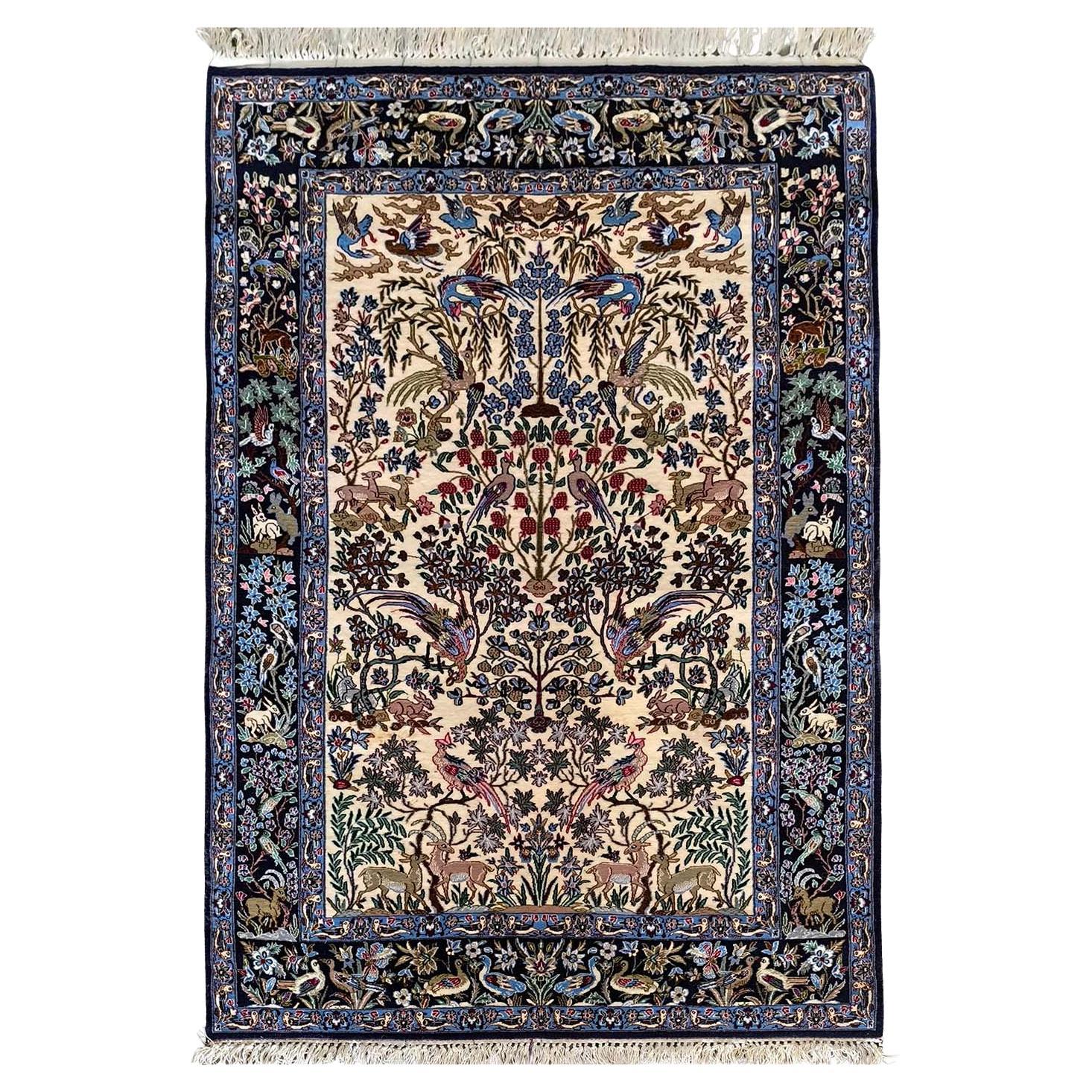 Original Isfahan Carpet Hand-Knotted, Tree of Life Pattern, Figural Animals