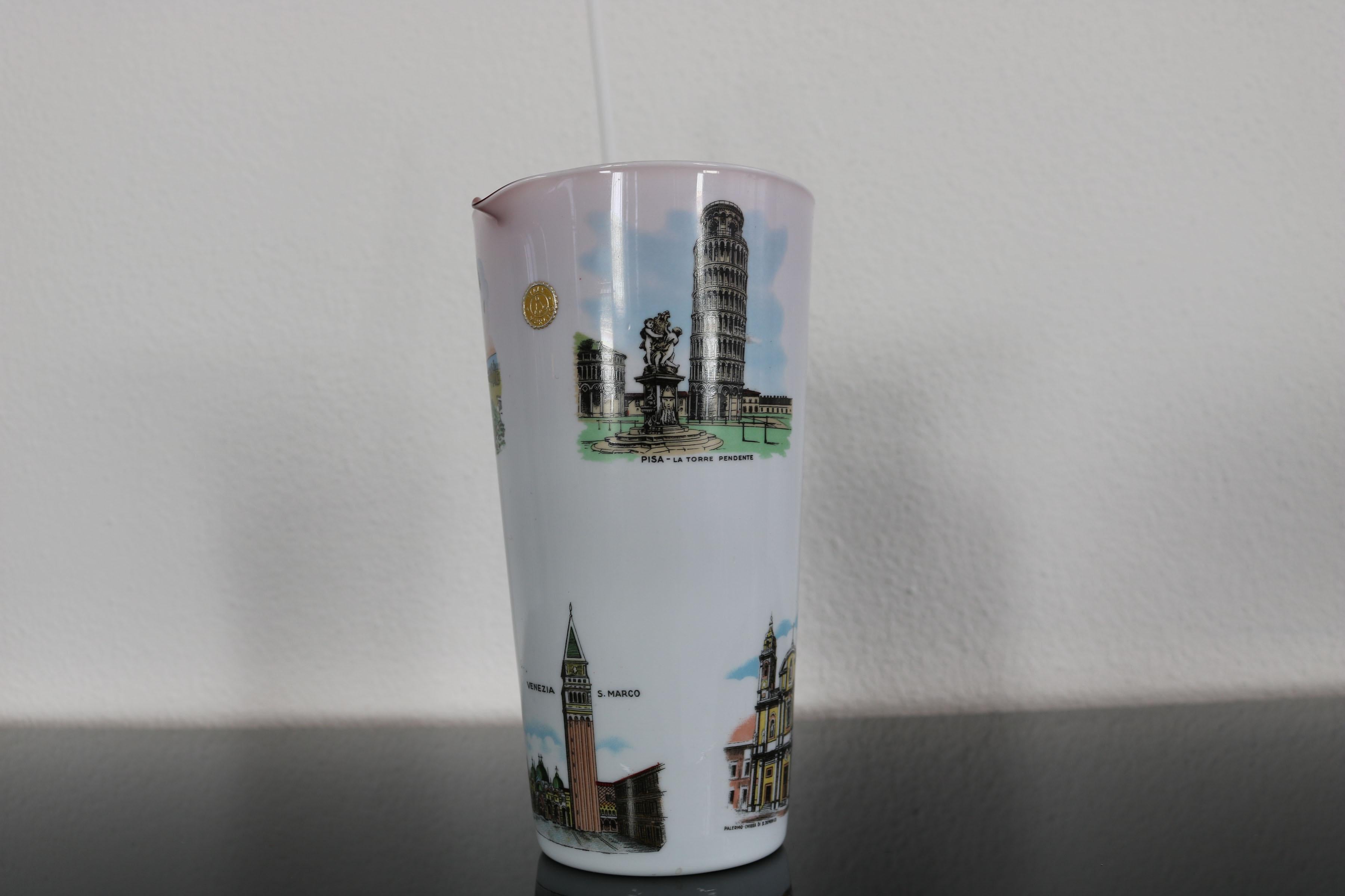 Original Italian 1950s jug with 5 cups with souvenir motif,  Murano glass For Sale 7