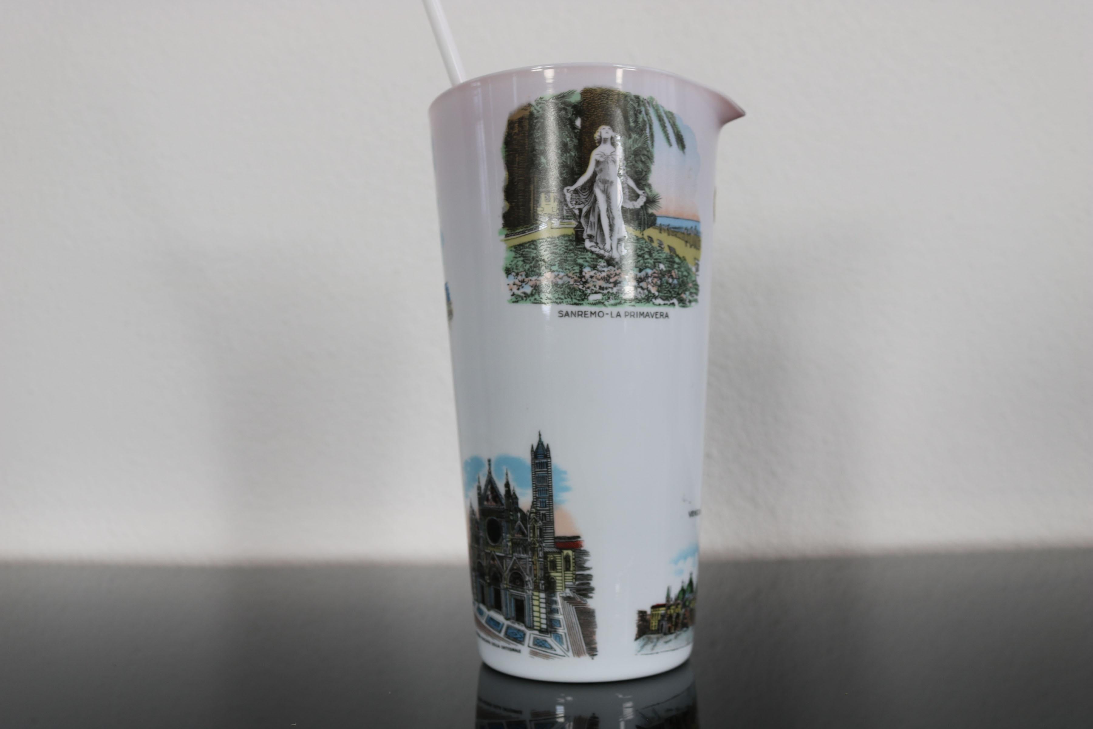 Original Italian 1950s jug with 5 cups with souvenir motif,  Murano glass For Sale 9