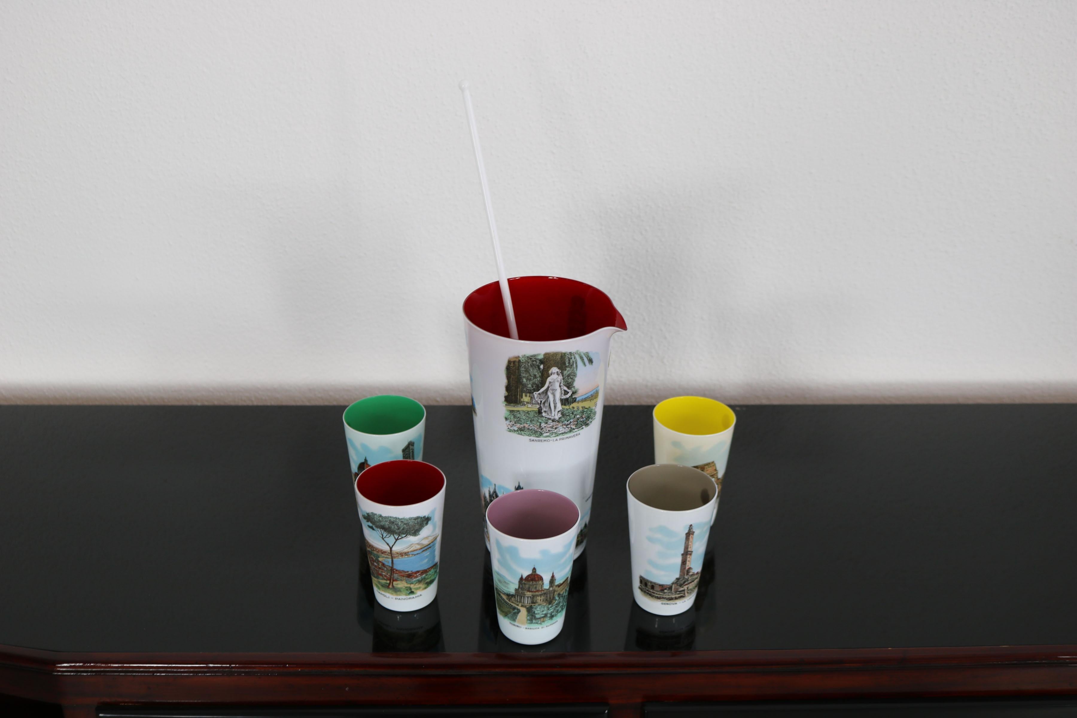 Original jarra italiana de los años 50 con 5 tazas con motivo de recuerdo,  Cristal de Murano en venta 10