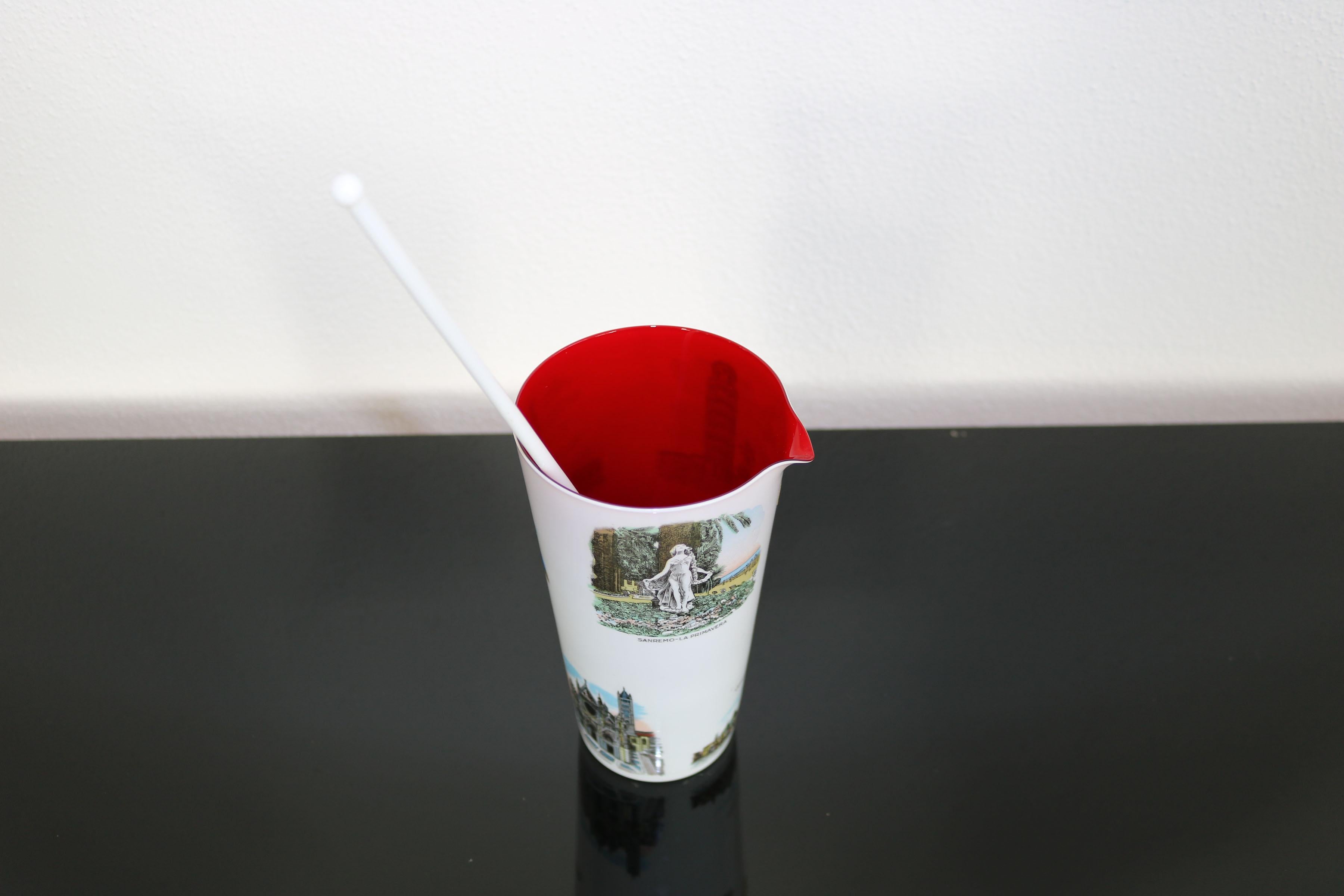 Original Italian 1950s jug with 5 cups with souvenir motif,  Murano glass For Sale 11