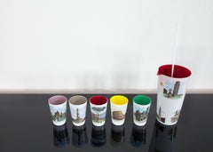 Original italienischer Krug aus den 1950er Jahren mit 5 Tassen mit Souvenir-Motiv,  Muranoglas