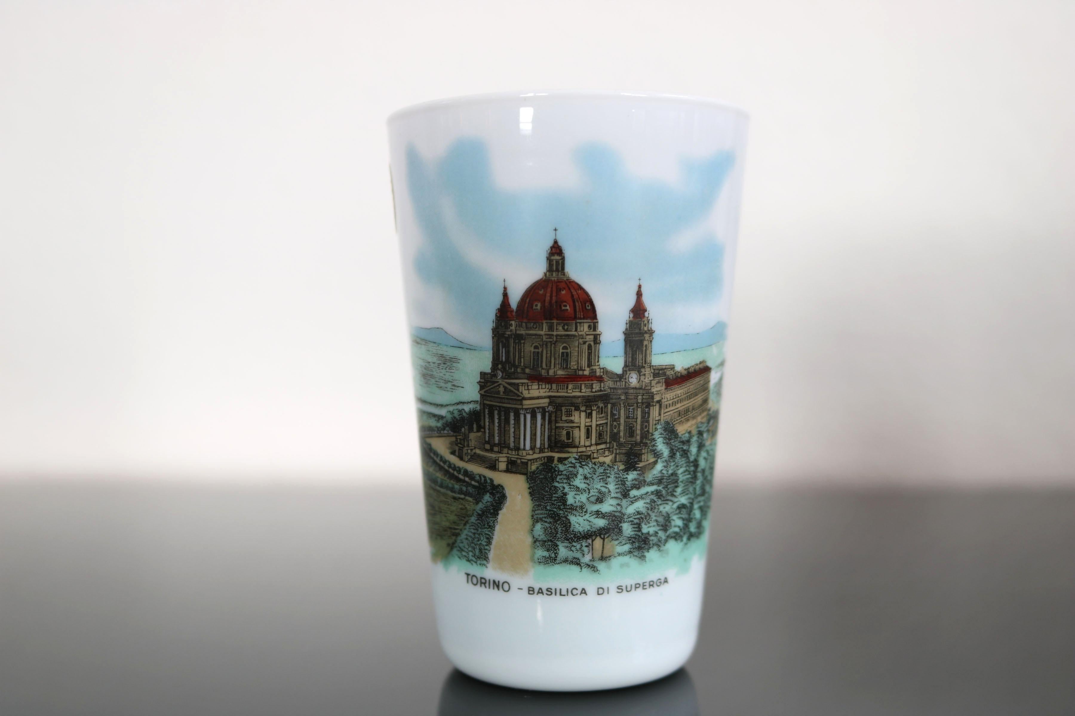 Pichet italien original des années 1950 avec 5 tasses à motif souvenir,  verre Murano Bon état - En vente à Wolfurt, AT