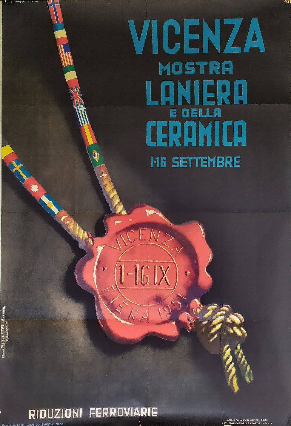 PUBBLISTELLA
Mostra laniera e della ceramica. Vicenza
Cartel original de época
Imprenta: Arti grafiche delle Venezie, Vicenza
Técnica de impresión: offset en color sobre papel
Tamaño: cm 100 x 69 (A x L) / Año de impresión: 1951
Estado de