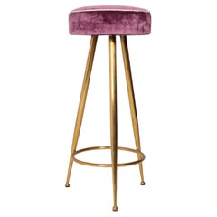 Vintage Original Italian BAR / COUNTER  STOOL 1950s Solid Brass rosé Velvet upholstered