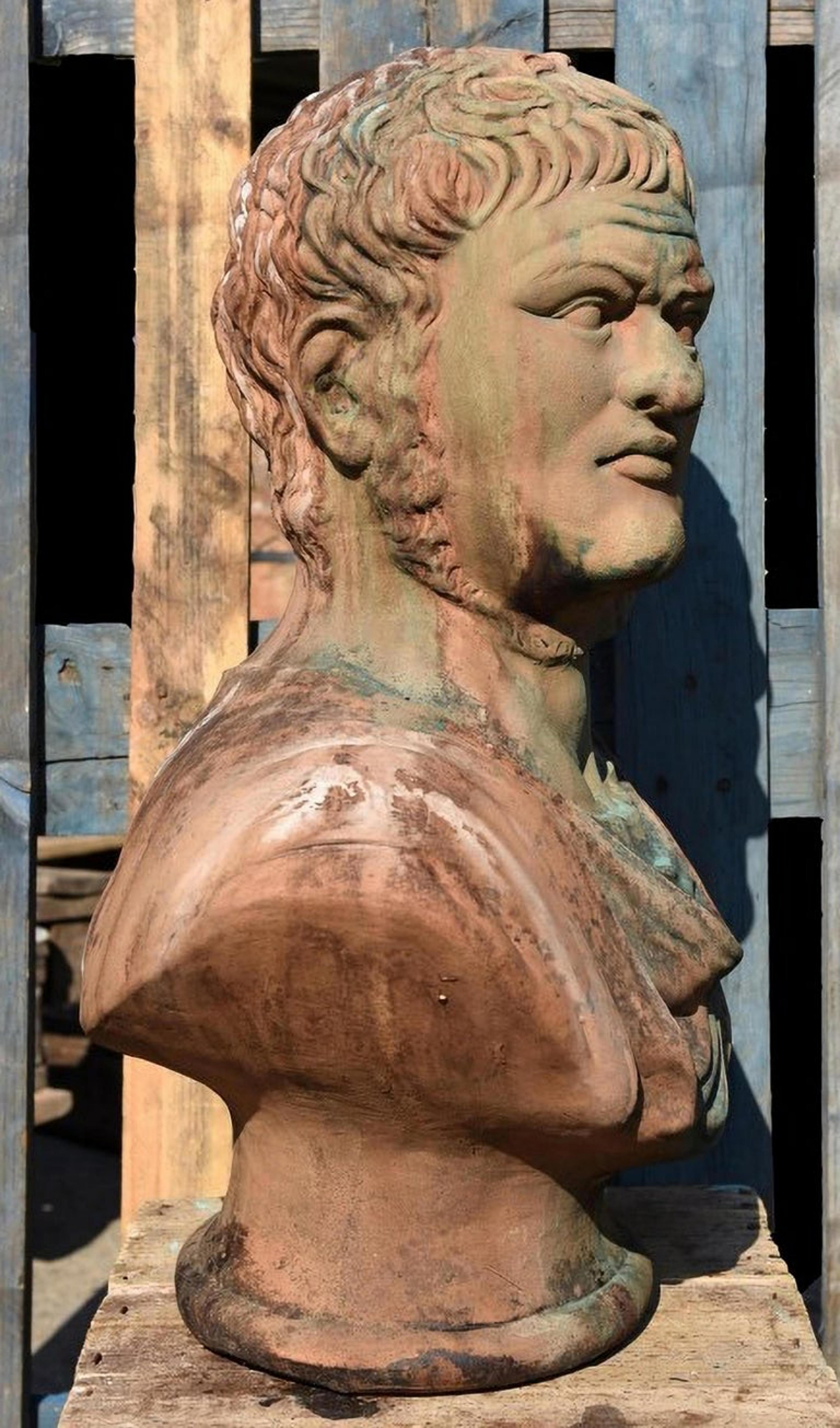 Hand-Crafted Original Italian Bust of Nerone in Terracotta, 19th Century For Sale