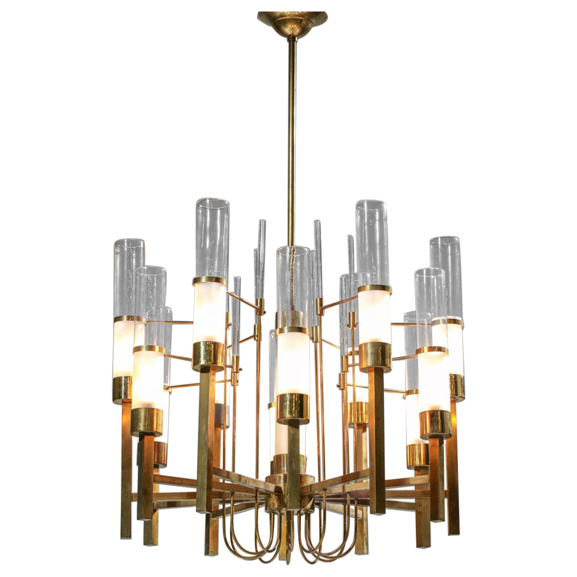 Lampadario originale italiano di Gaetano Sciolari degli anni '60 in ottone e tubi di vetro