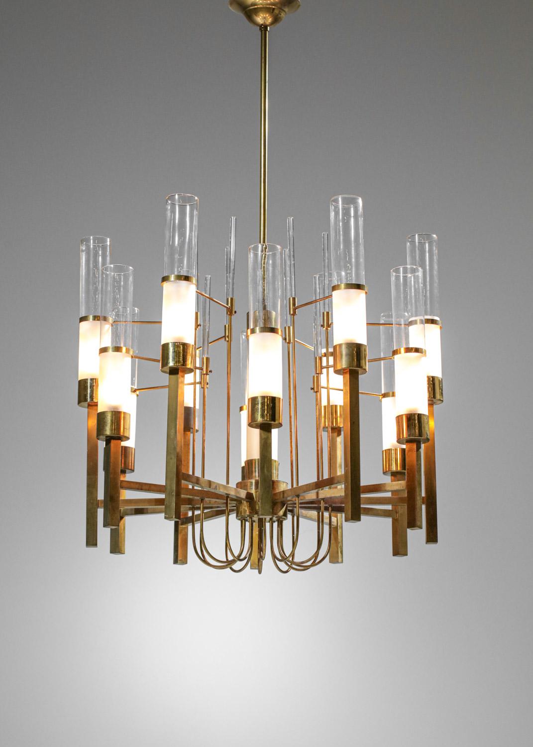 Mid-20th Century Original Italian Chandelier by Gaetano Sciolari 1960s in Brass and Glass Tubes For Sale