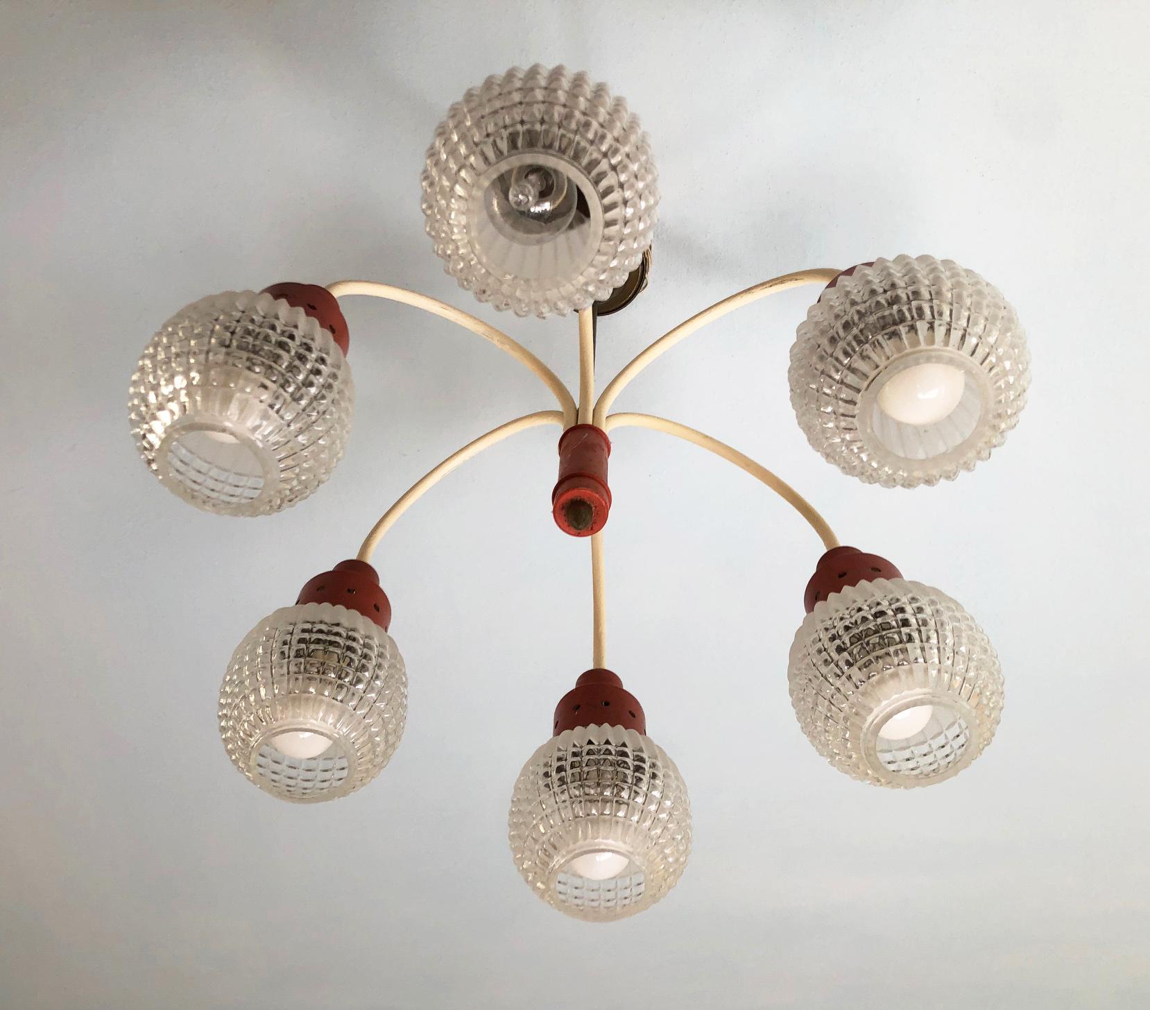 Mid-Century Modern Original Italian Chandelier from 1970s with Six Lights, Orange and Cream Color For Sale