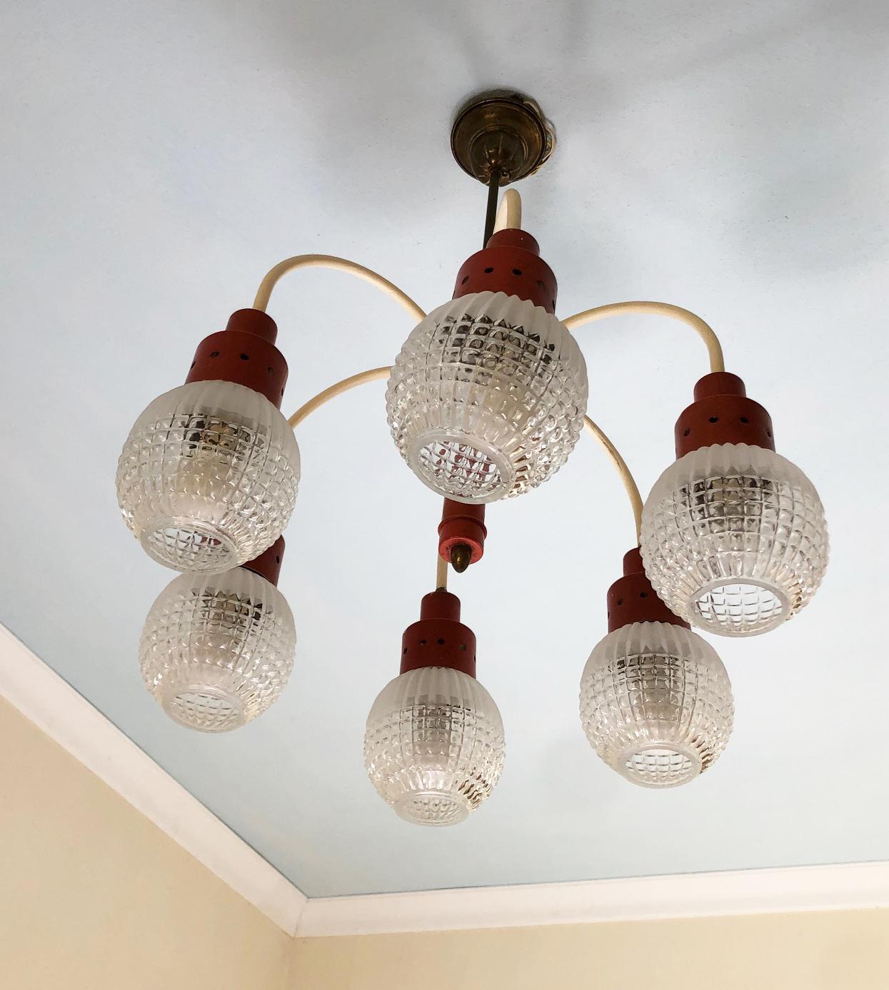 Original Italian Chandelier from 1970s with Six Lights, Orange and Cream Color In Good Condition For Sale In Buggiano, IT
