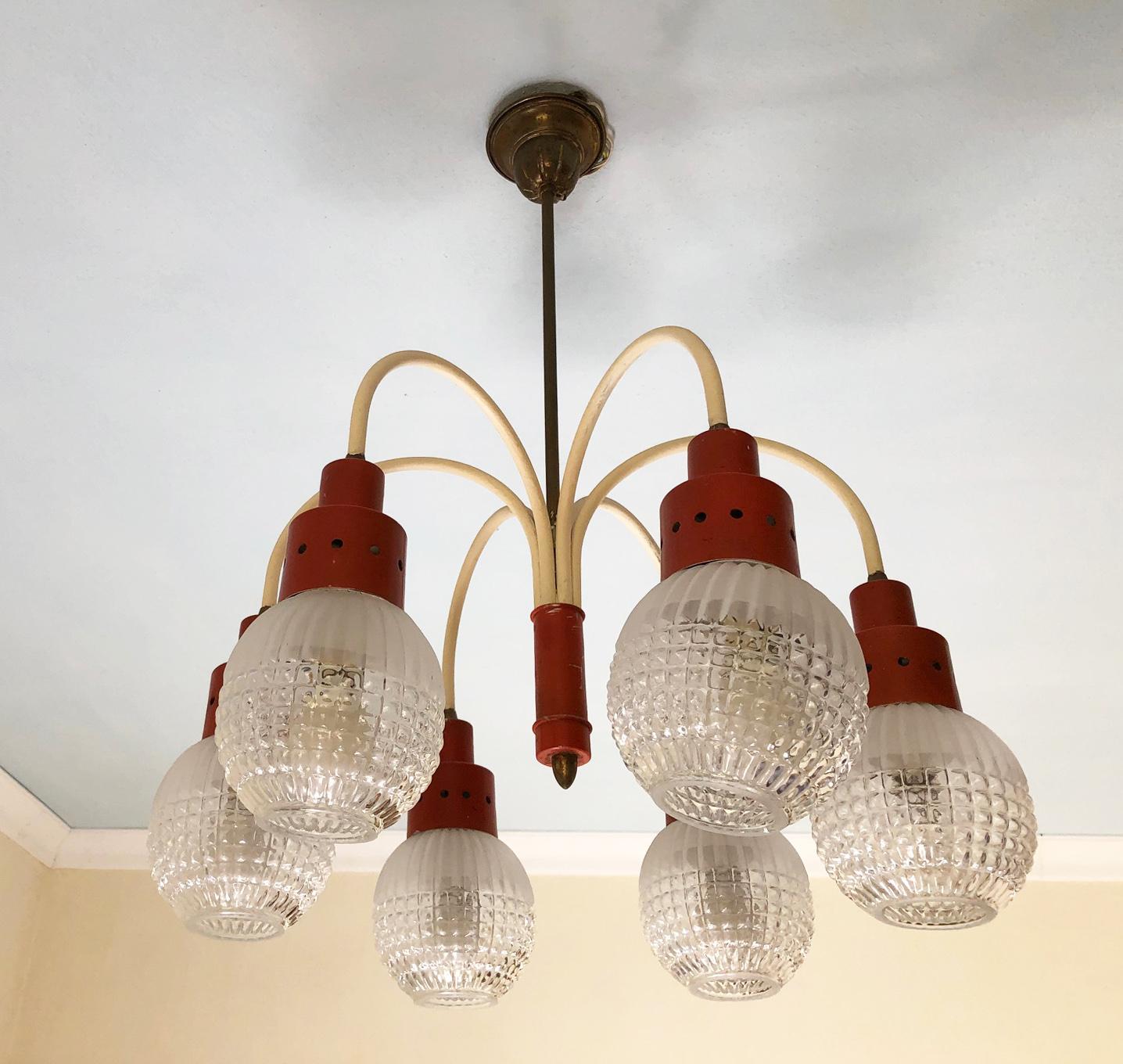 Late 20th Century Original Italian Chandelier from 1970s with Six Lights, Orange and Cream Color For Sale