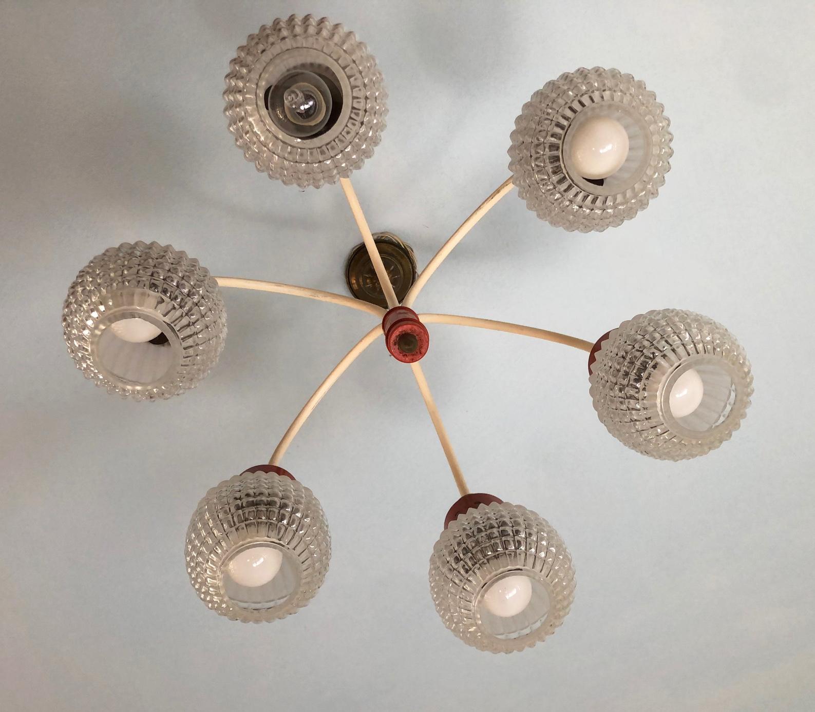 Glass Original Italian Chandelier from 1970s with Six Lights, Orange and Cream Color For Sale