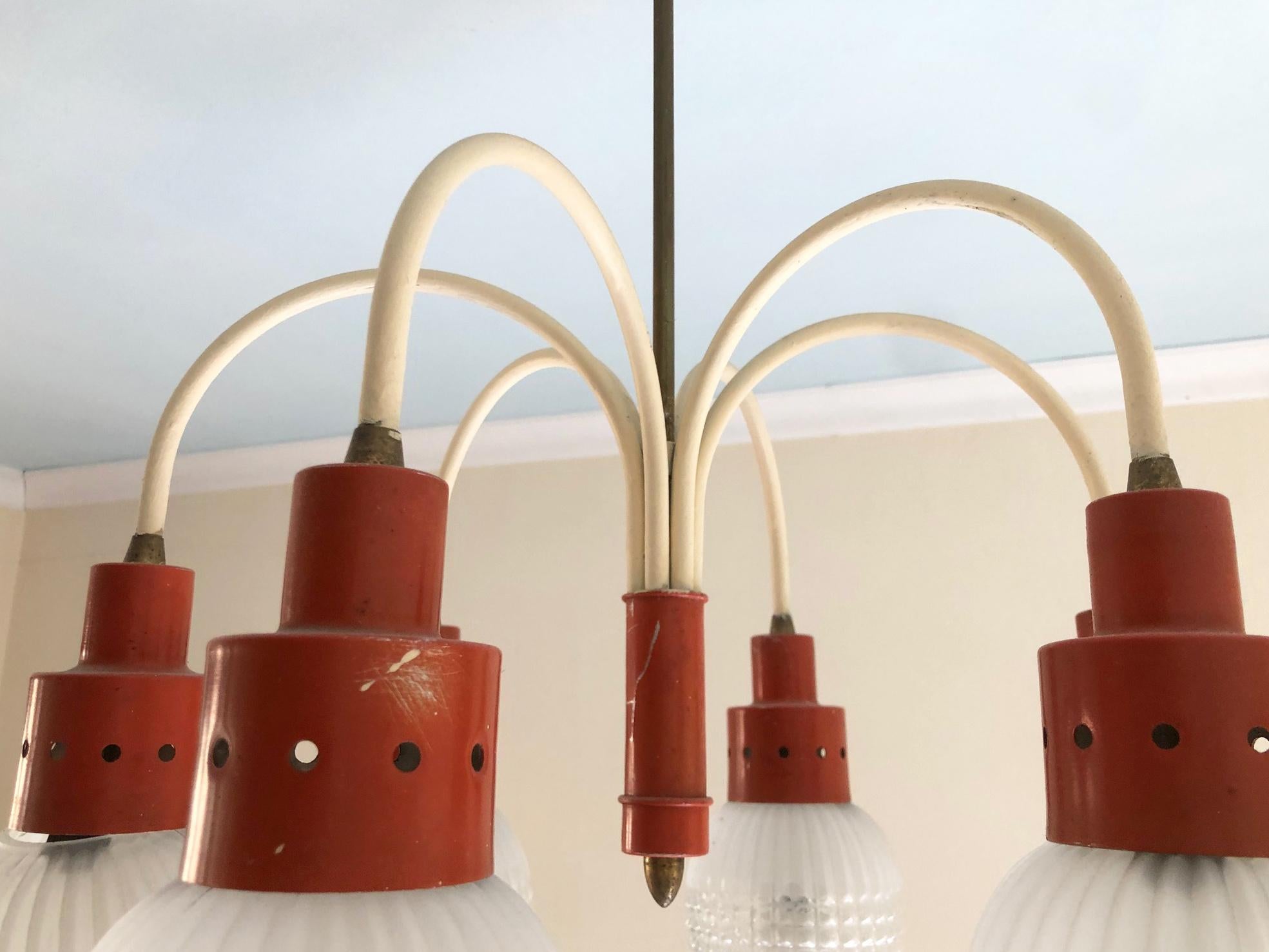 Original Italian Chandelier from 1970s with Six Lights, Orange and Cream Color For Sale 1