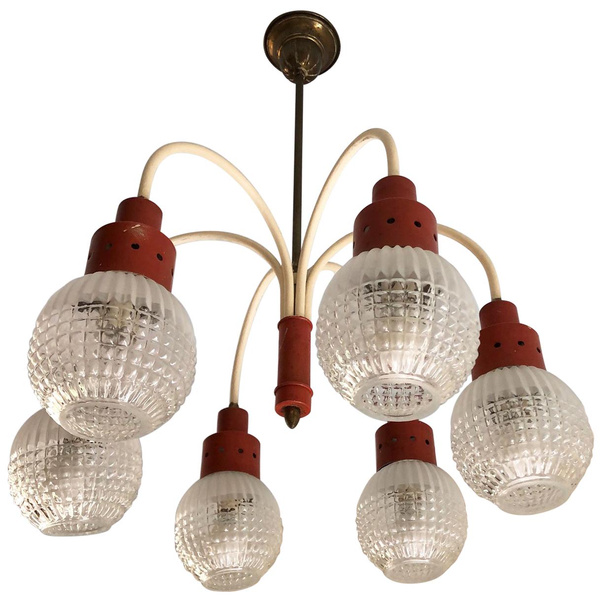 Original Italian Chandelier from 1970s with Six Lights, Orange and Cream Color