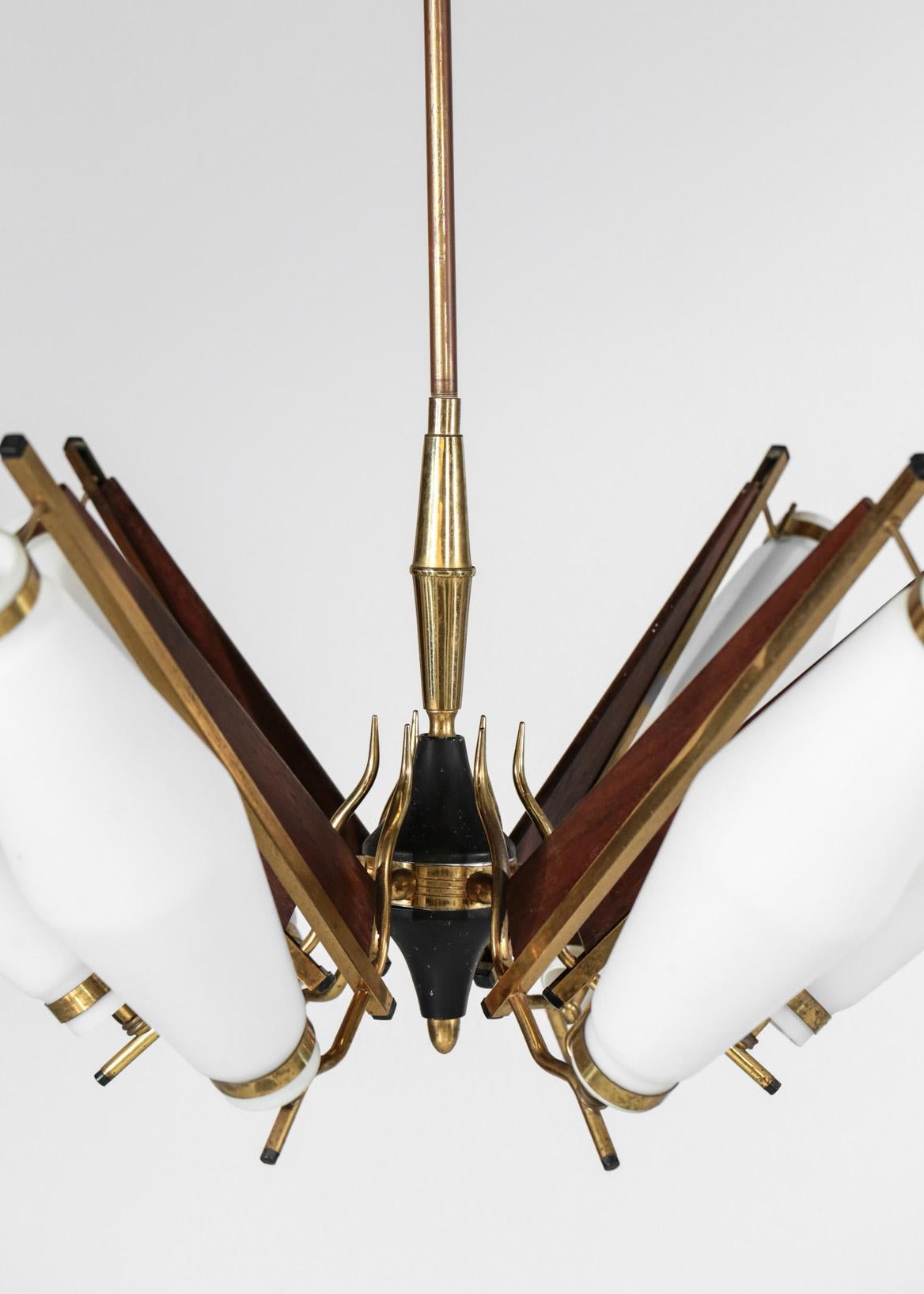 Brass Original Italian Chandelier Stilnovo Arredoluce Opaline Glass Wood 1960 Ceiling