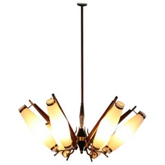 Original Italian Chandelier Stilnovo Arredoluce Opaline Glass Wood 1960 Ceiling
