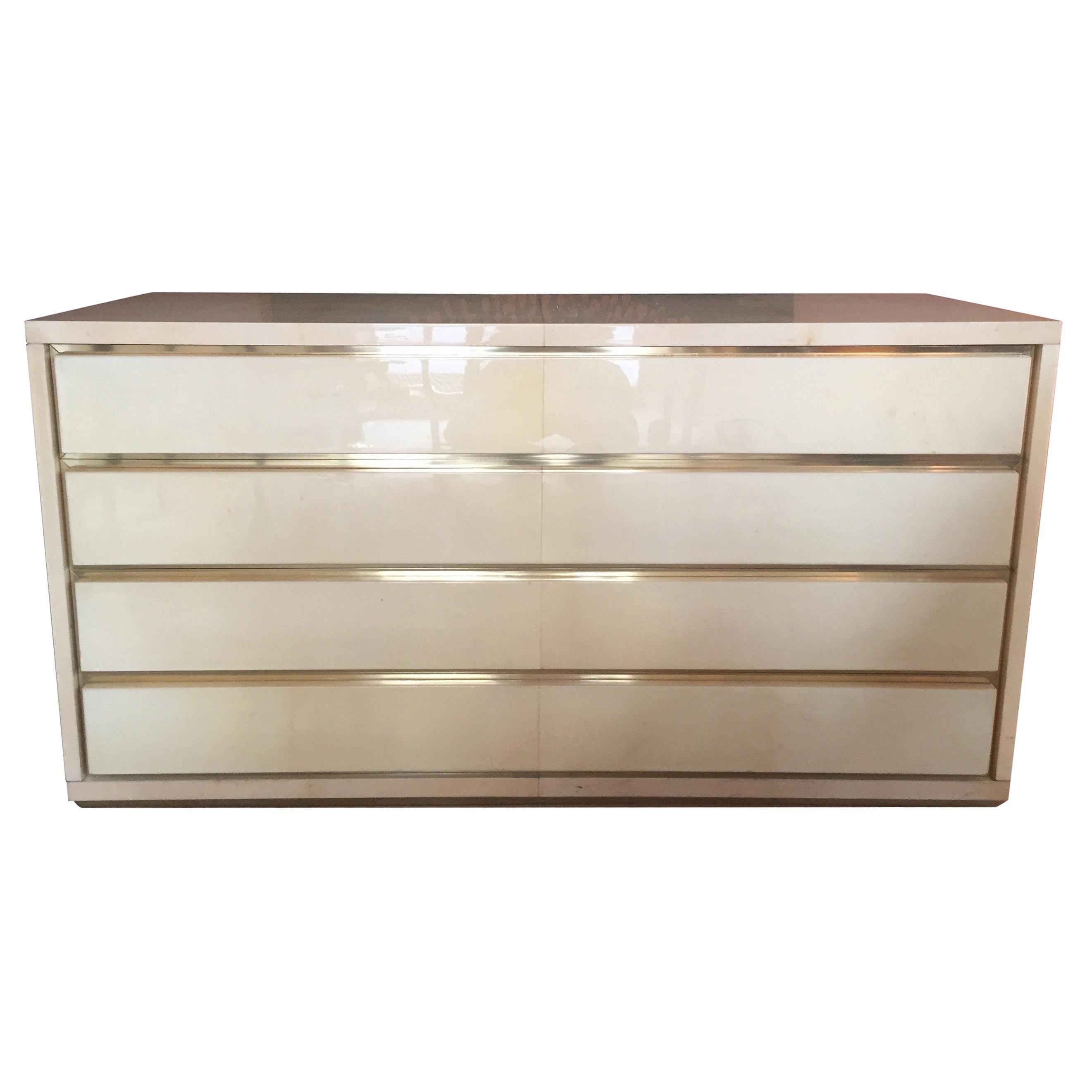 Original Italian Chest of Drawers in Brass and Parchment Designed by Aldo Tura