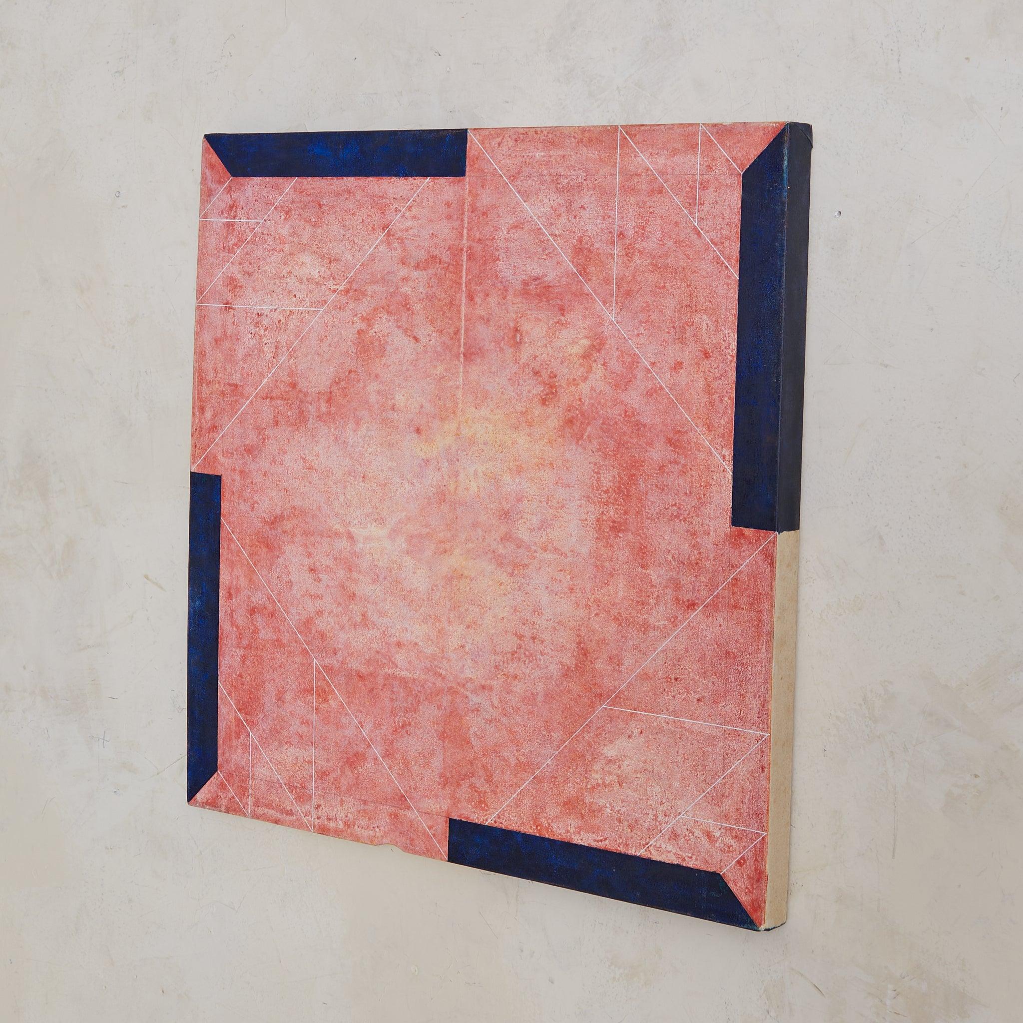 Originalgemälde eines italienischen Künstlers aus den 1970er Jahren auf Leinwand, unten links signiert. Ein diffuses Feld aus warmen Korallen- und Rosatönen, überlagert von Texturen, dringt wie ein verblassendes Echo auf die Leinwand ein. Knackige