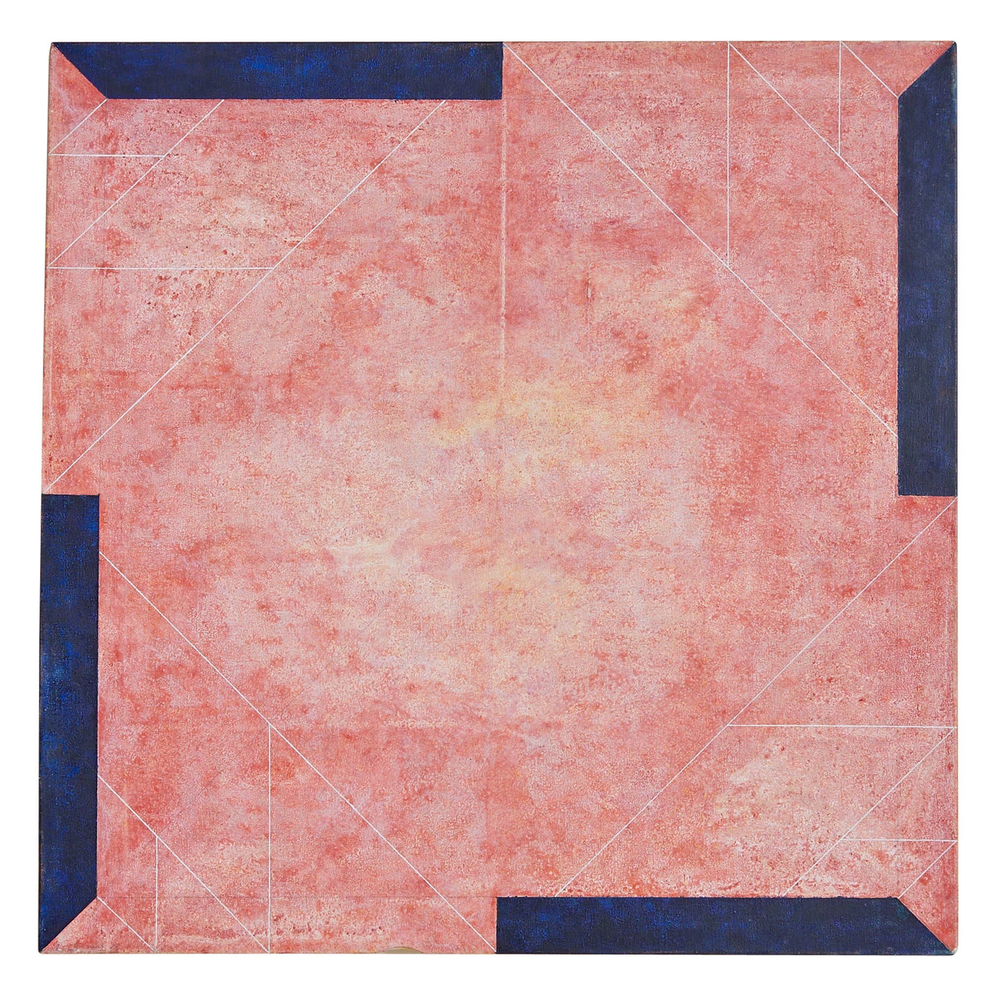 Original Italian Coral + Indigo Painting on Canvas, Signed 1978 For Sale