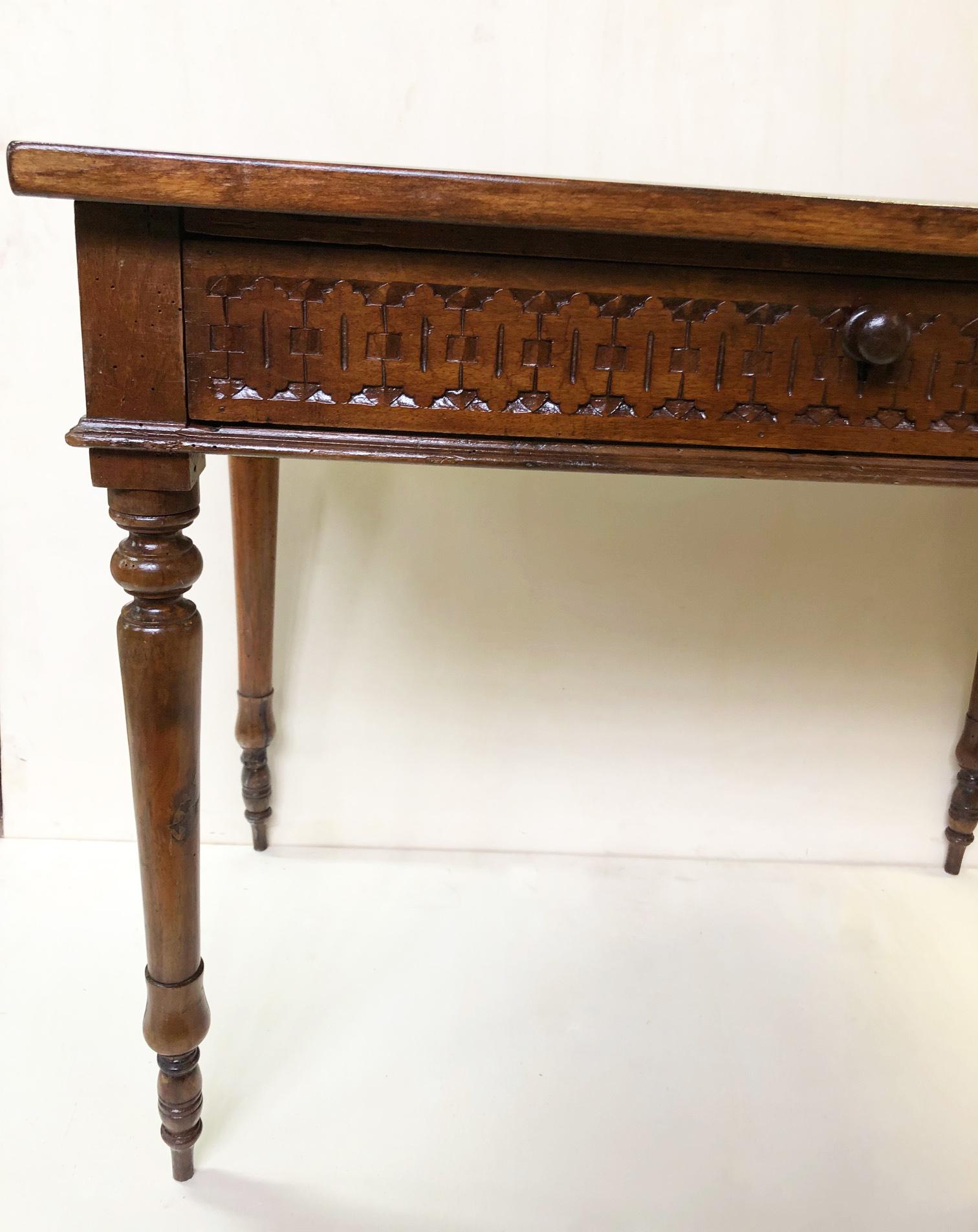Poplar Original Italian Desk Table in Walnut with Perimeter Carvings from 1880