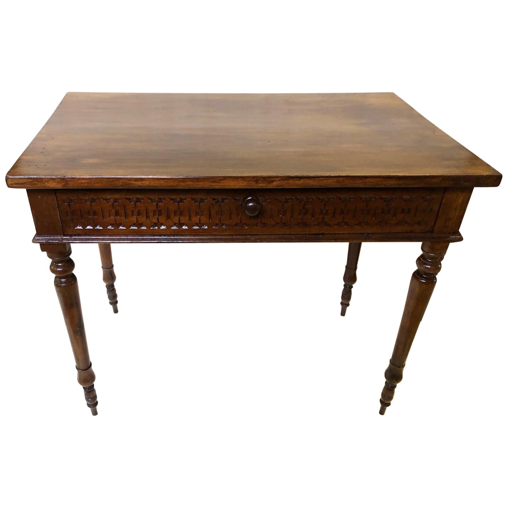 Original Italian Desk Table in Walnut with Perimeter Carvings from 1880