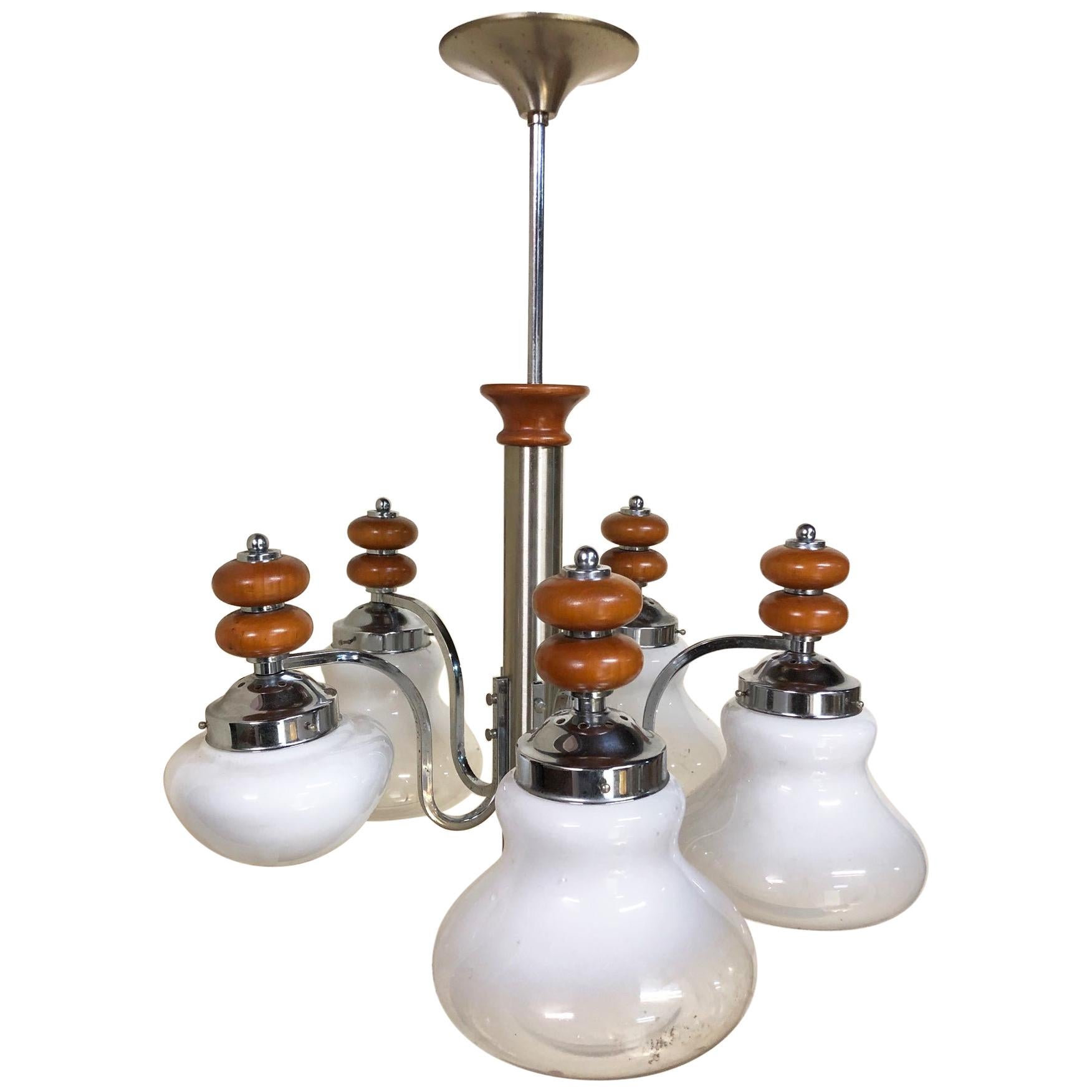 Original Italian Five-Light Chandelier from 1970 Chrome, Wood and Glass For Sale