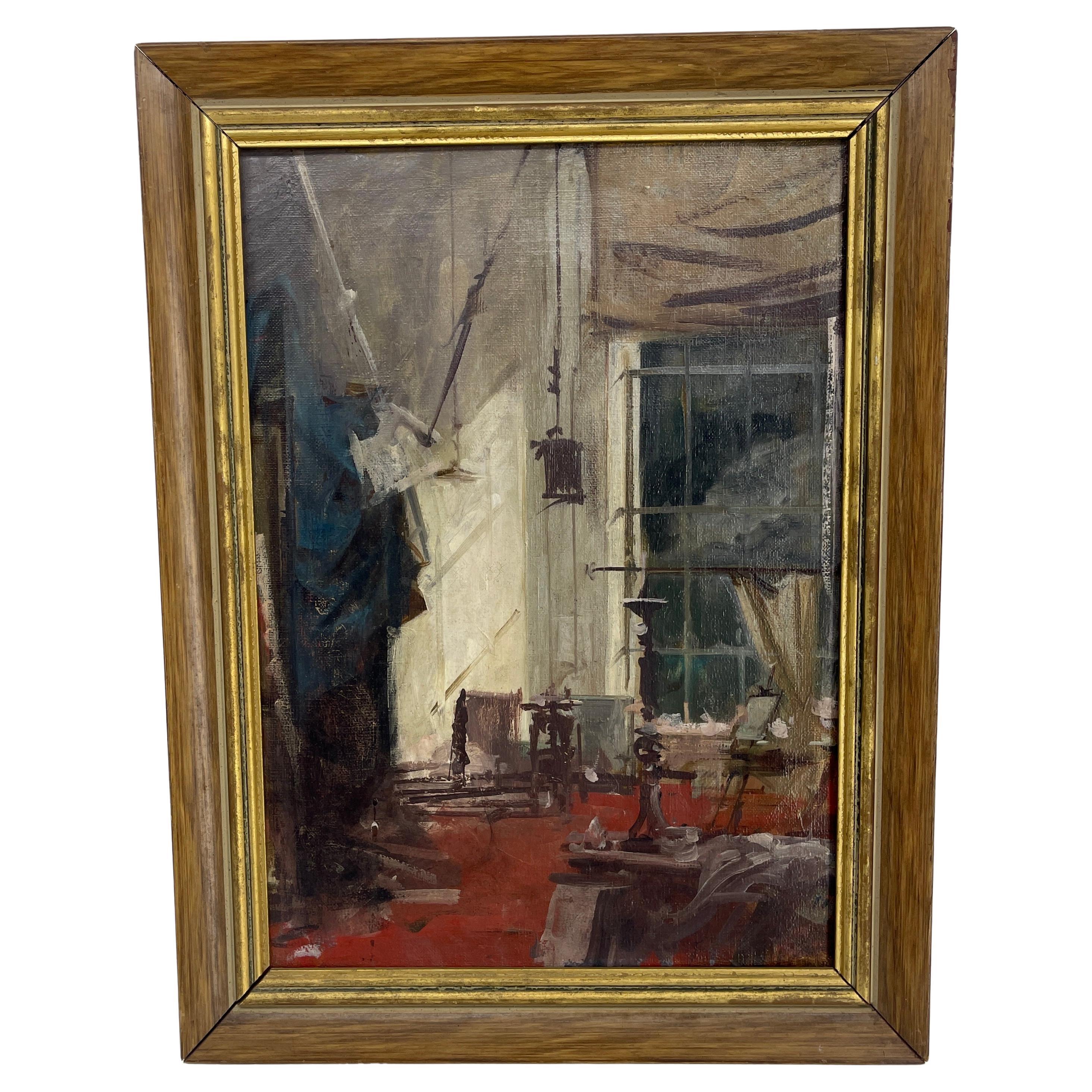 Original Italian Oil Painting of an Artists Studio, Rome 1960 For Sale 10