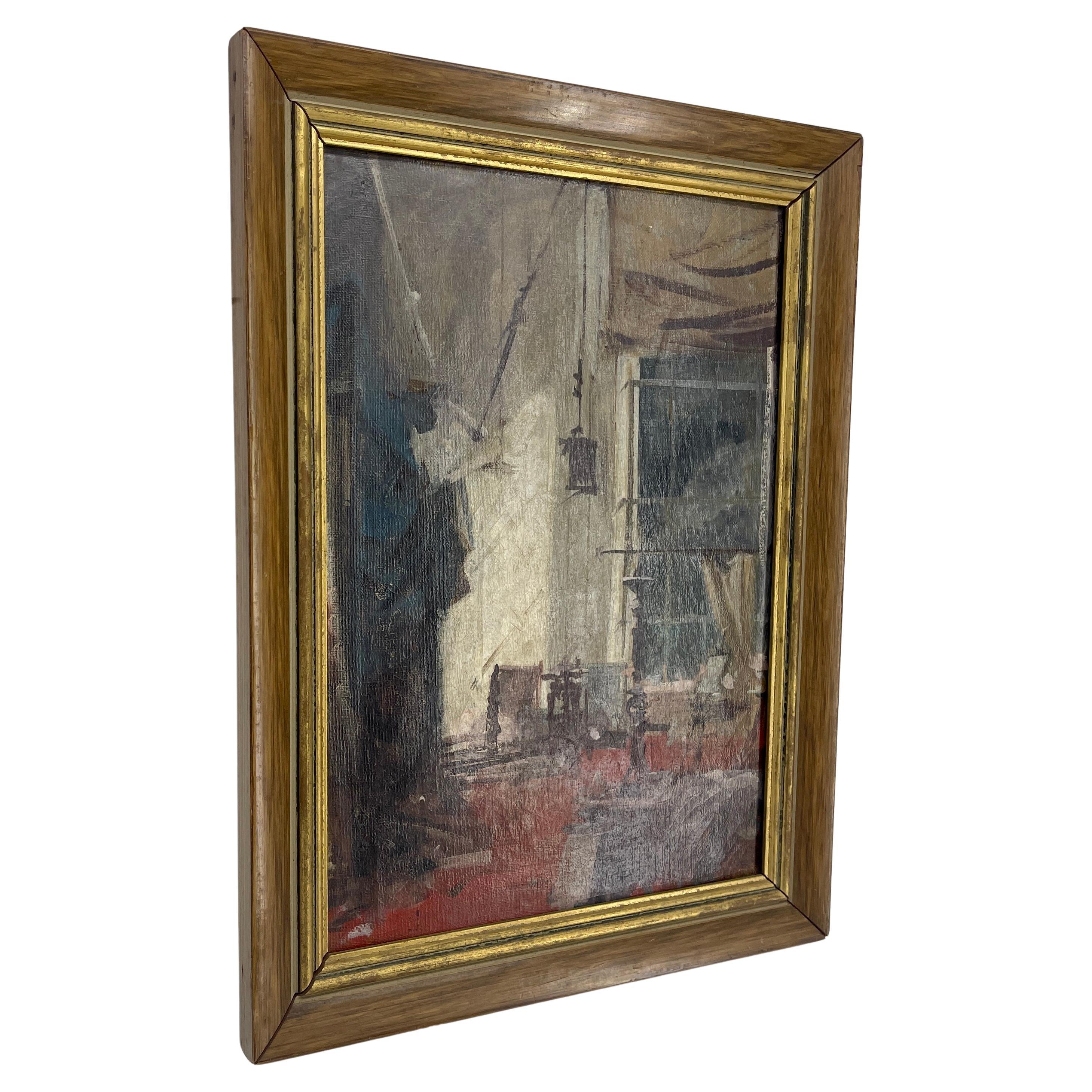 Vintage Italian Wall Painting of an Artists Studio, Signed and dated, J. Annus Rome 1960.
Le tableau représente un studio d'artiste avec un chevalet, le soir, à Rome. La peinture est datée de 1960 et signée au dos de l'œuvre. 