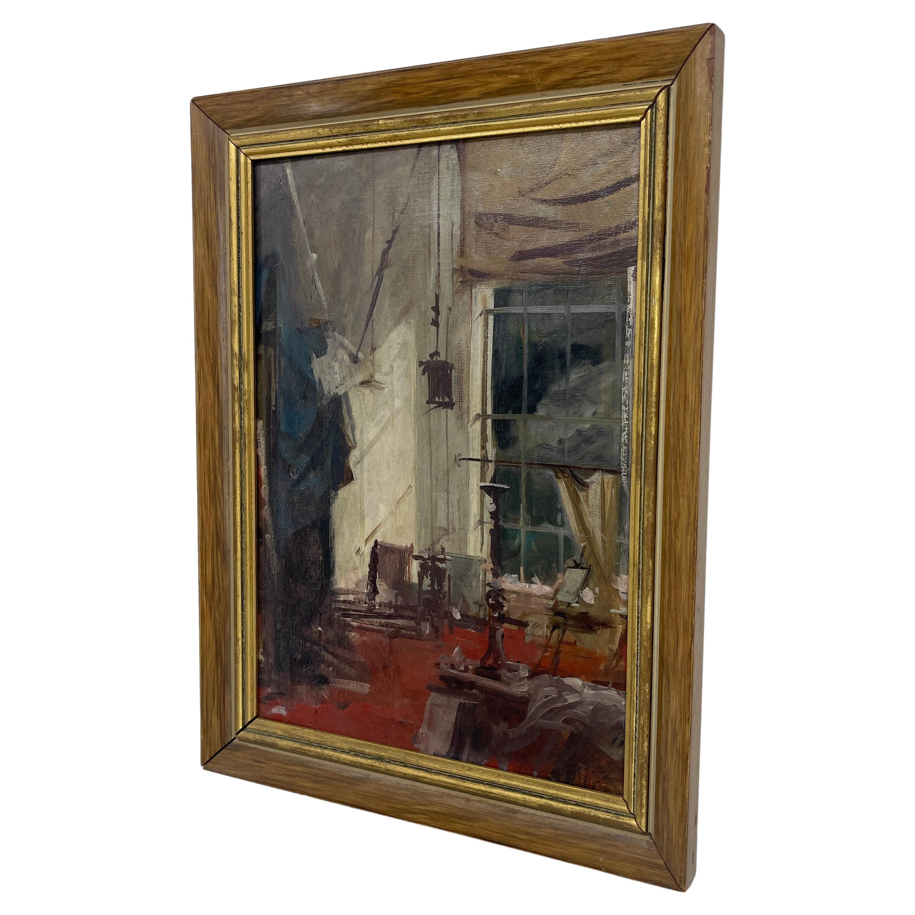 Bohemian Original Italian Oil Painting of an Artists Studio, Rome 1960 For Sale