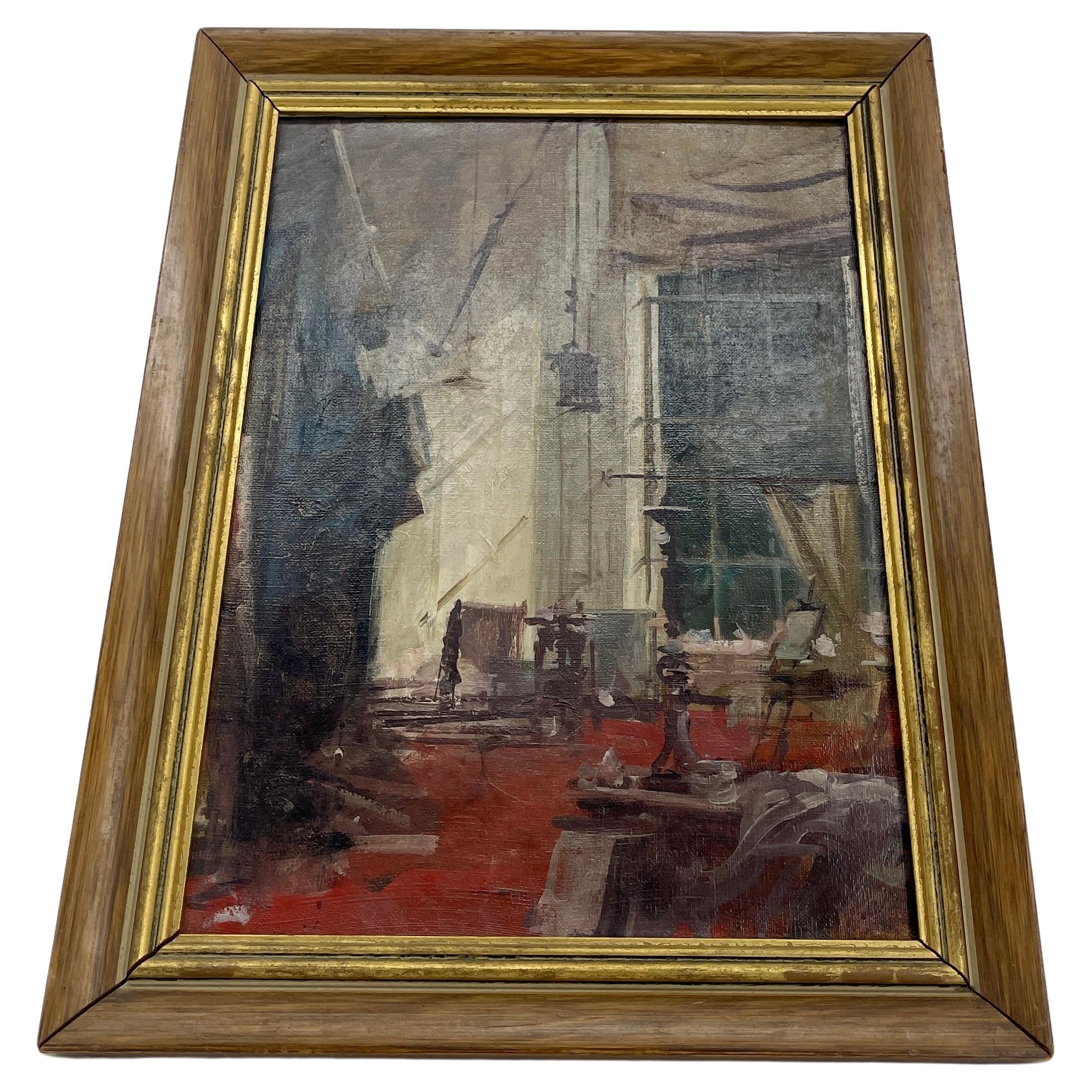 Oiled Original Italian Oil Painting of an Artists Studio, Rome 1960 For Sale