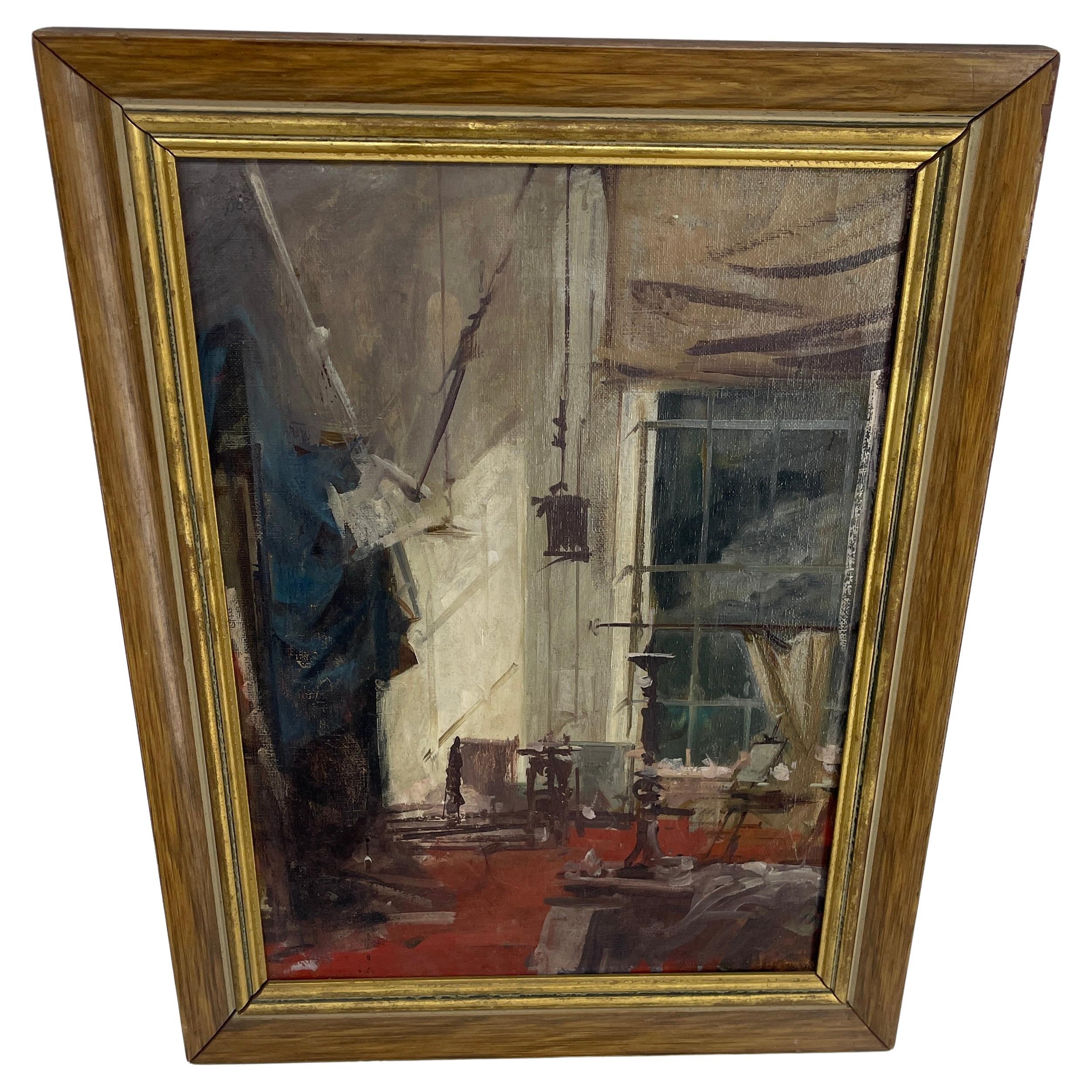 Original Italian Oil Painting of an Artists Studio, Rome 1960 In Good Condition For Sale In Haddonfield, NJ