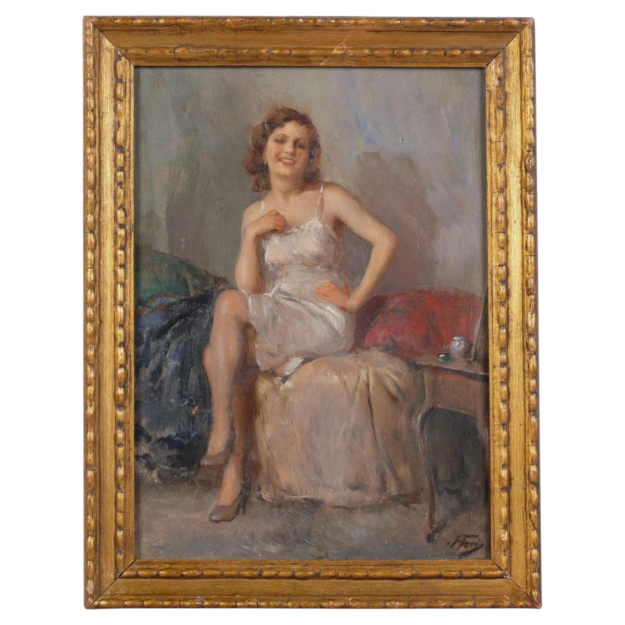 Original Italian Oil Painting Portrait Of A Woman – Attilio Toro (1892–1982)