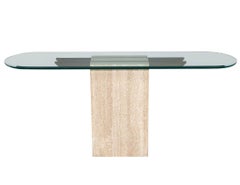 Tavolo consolle originale in travertino italiano con piano in vetro e dettagli in ottone