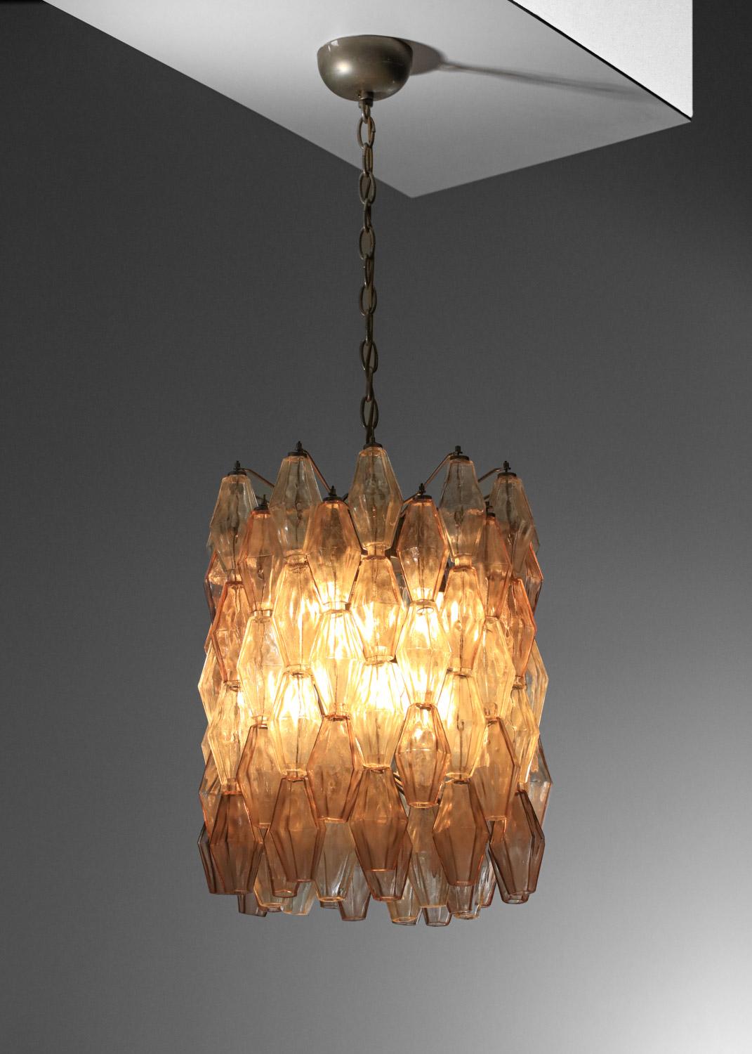Brass Original Italian venini polyhedral glass chandelier by Carlo Scarpa 50's For Sale