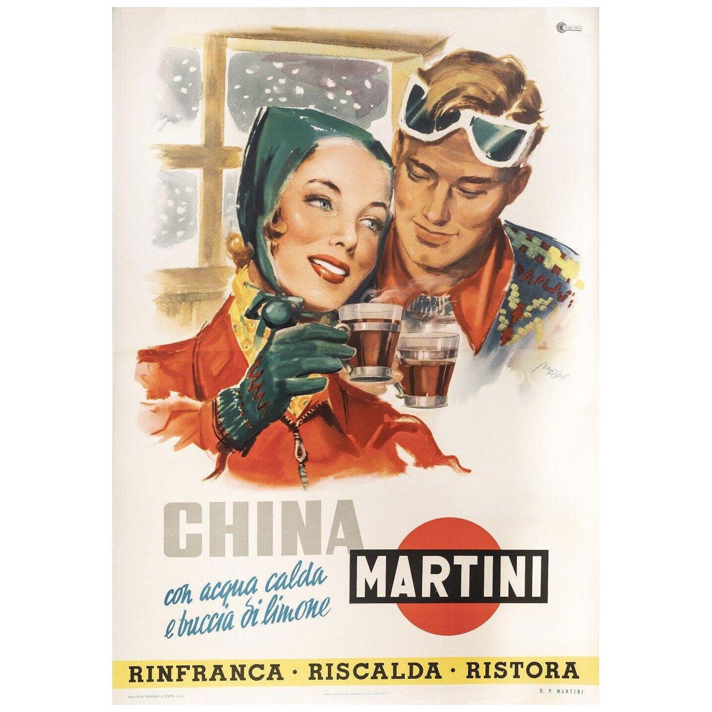 Poster d'epoca originale italiano-Rossi M.-Cina Martini-Quinquina-Ski, 1950