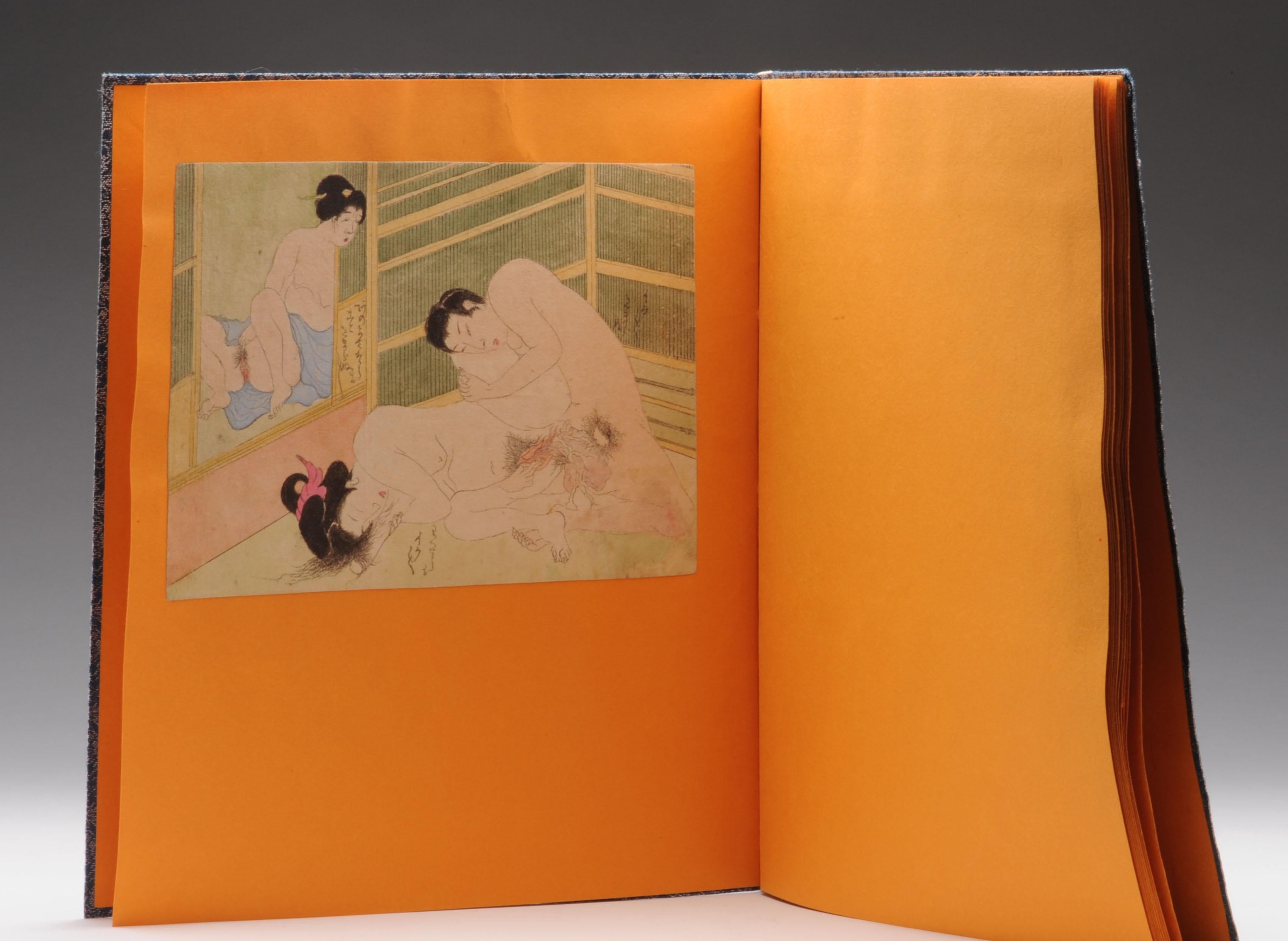 Ein seltenes handgebundenes und handgemaltes Buch mit elf erotischen Kunstszenen oder Shunga:: ein traditioneller japanischer Begriff für erotische Kunst. Die Gemälde sind wunderschön und sehr detailliert ausgeführt. Werke durchschnittlich 7