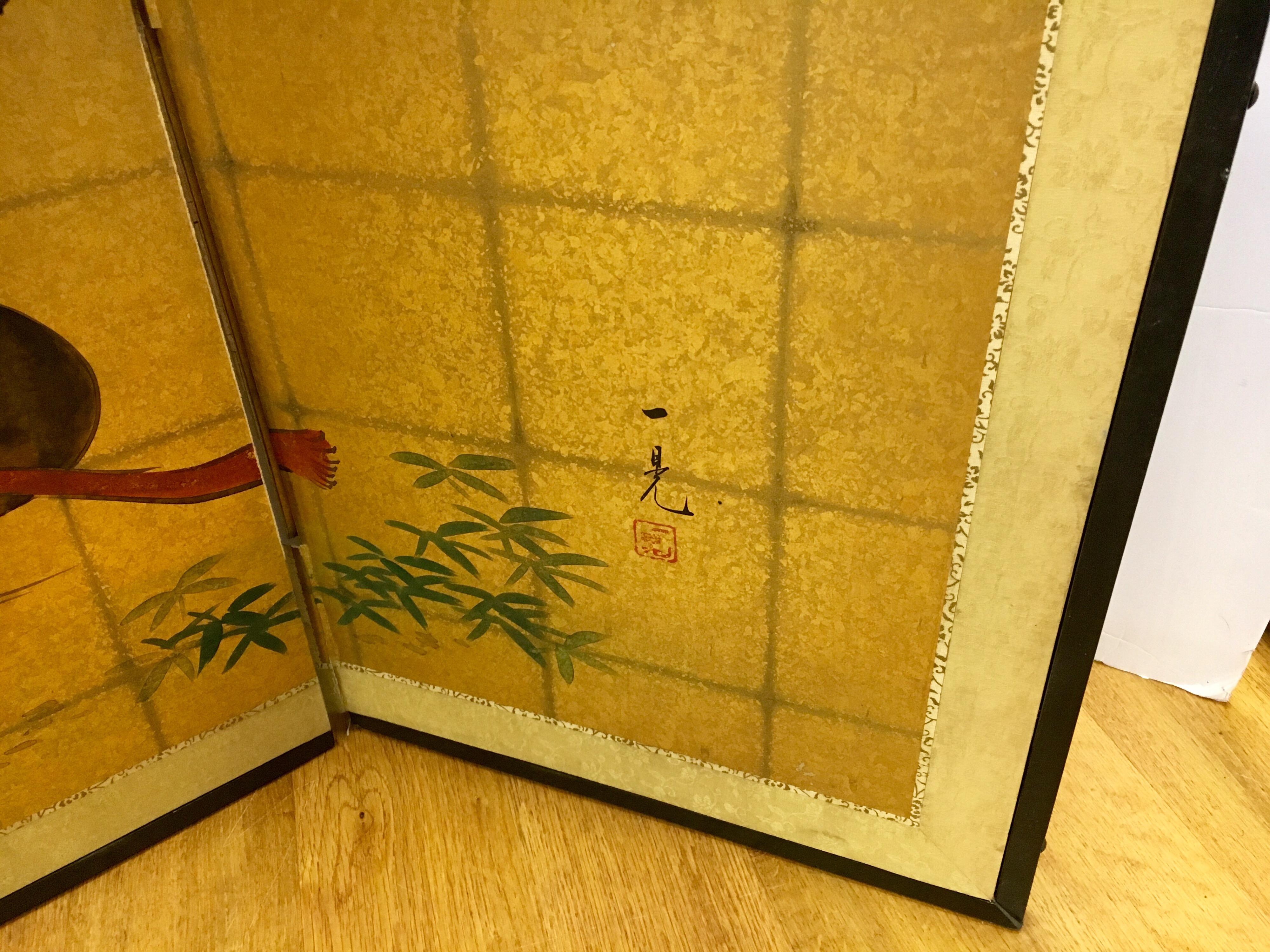 Original Japanese Hand Painted Four-Panel Screen Divider Signed Painting 9