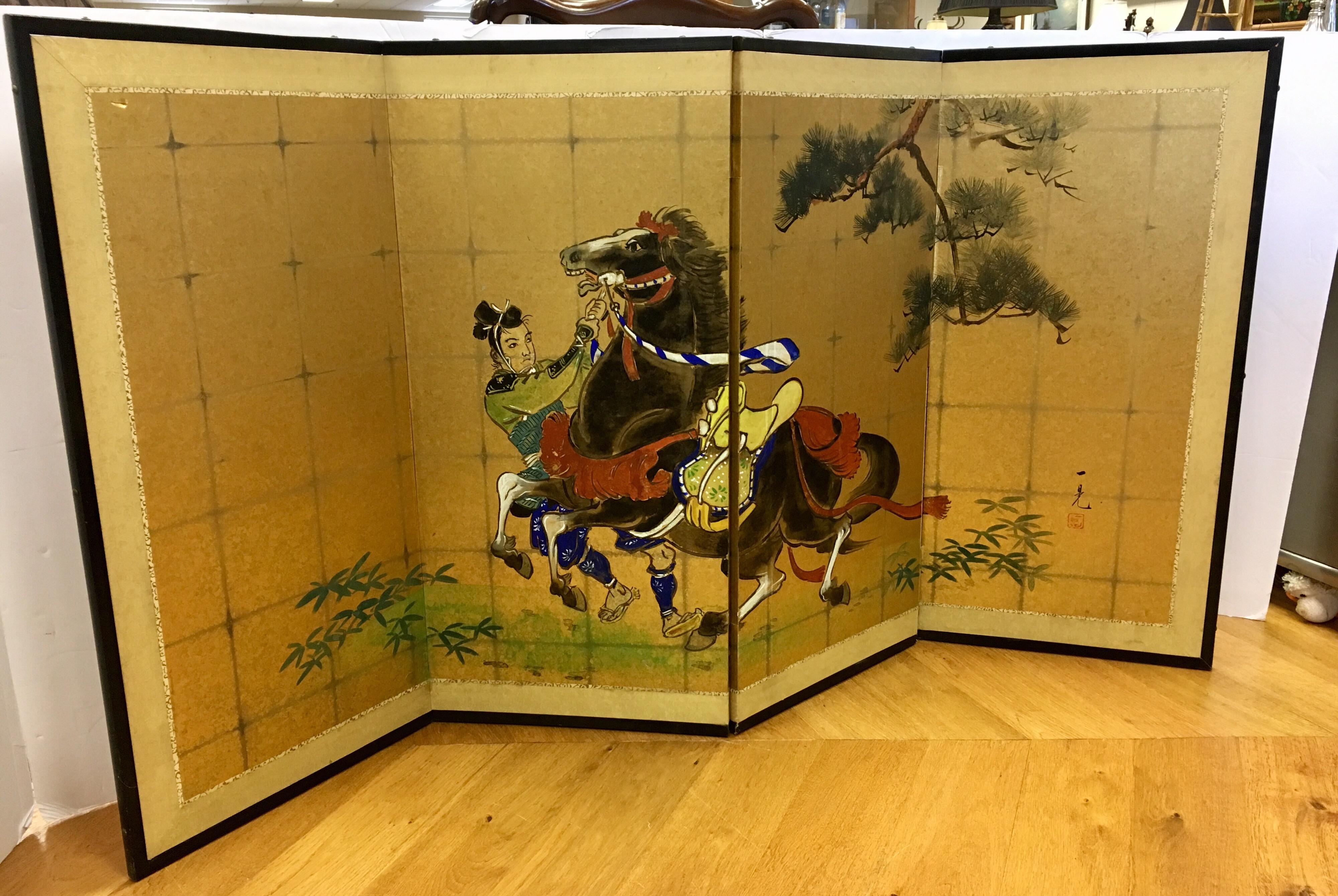 Original Japanese Hand Painted Four-Panel Screen Divider Signed Painting In Good Condition In West Hartford, CT
