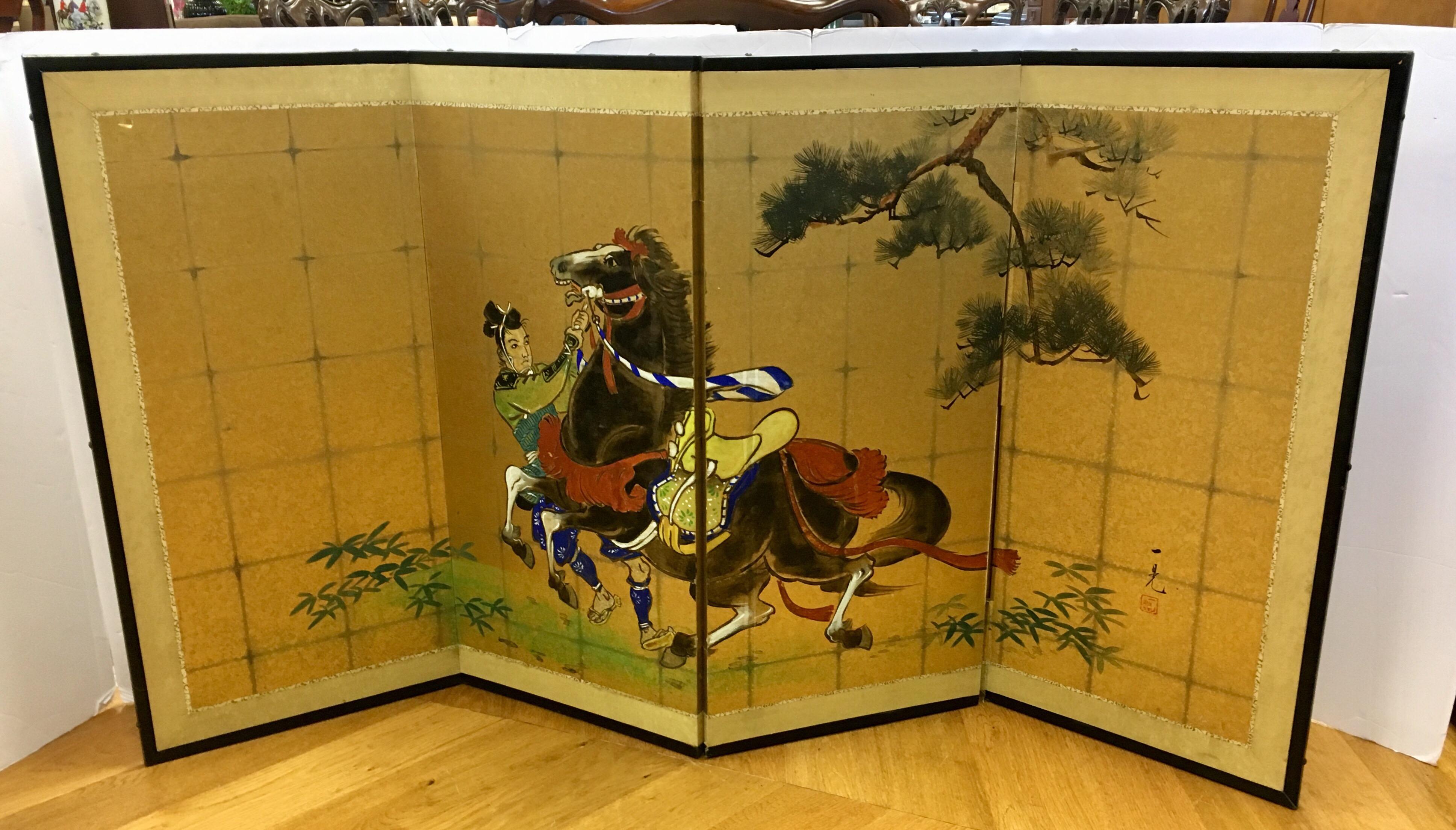 Mid-20th Century Original Japanese Hand Painted Four-Panel Screen Divider Signed Painting