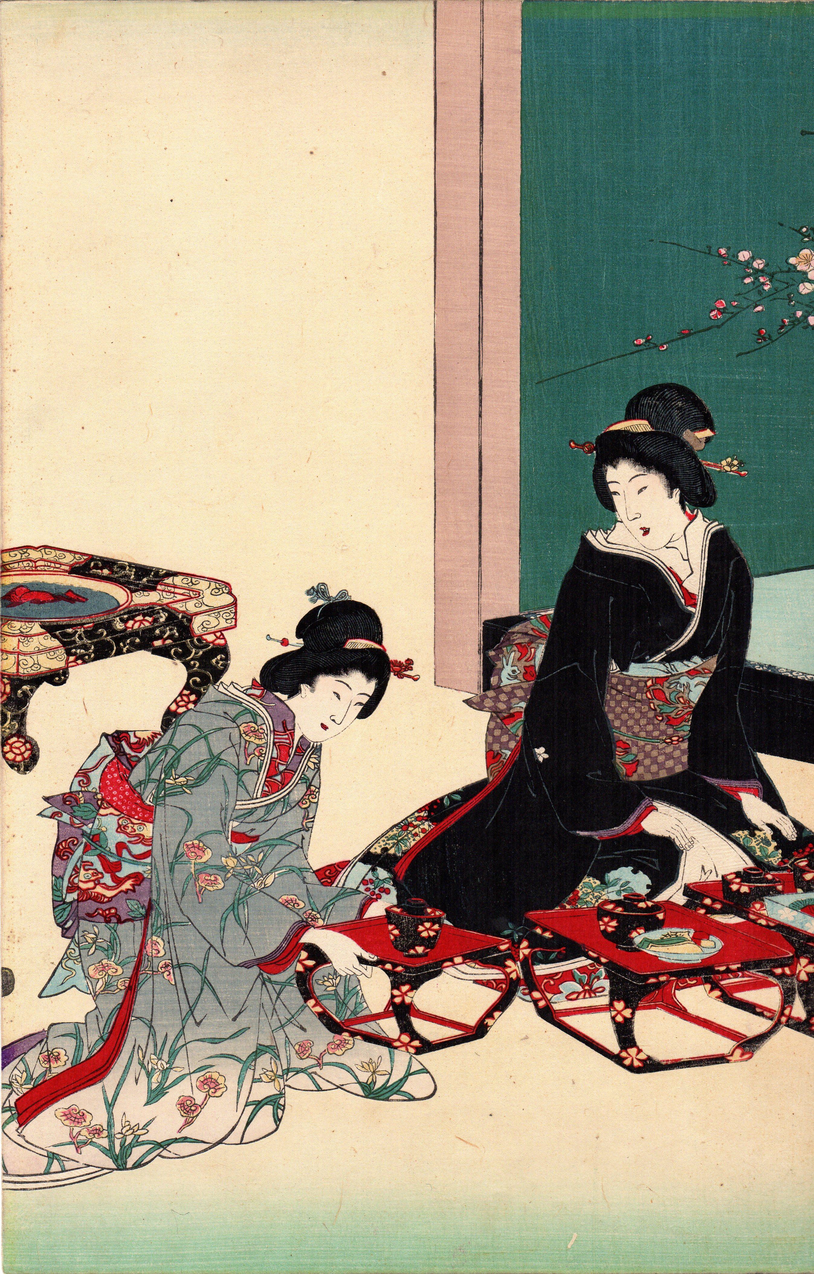 Hand-Painted Original Japanese Triptych Color Woodblock Print by Toyohara Chikanobu For Sale